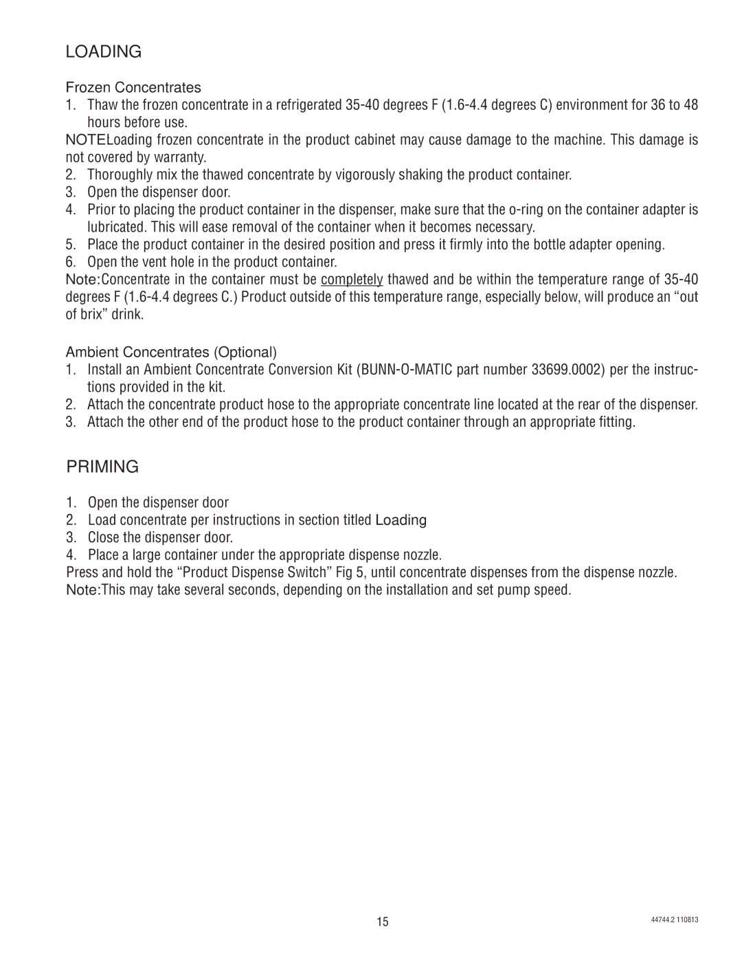 Bunn JDF-4S service manual Loading, Priming, Frozen Concentrates, Ambient Concentrates Optional 