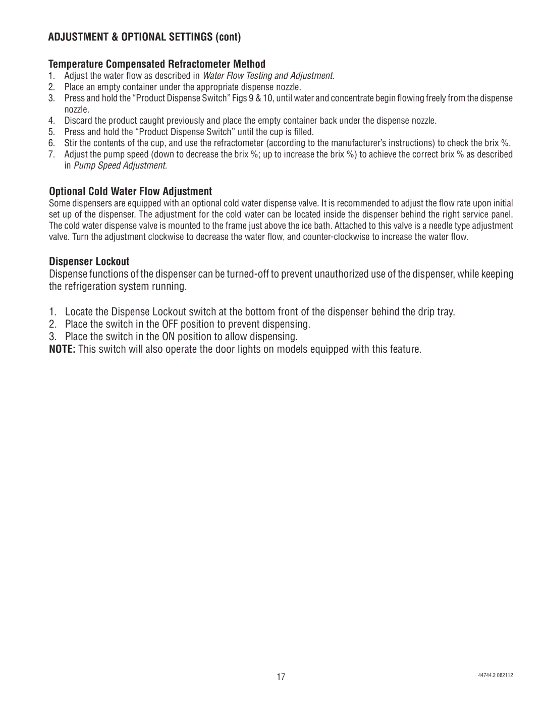 Bunn JDF-4S service manual Optional Cold Water Flow Adjustment, Dispenser Lockout 