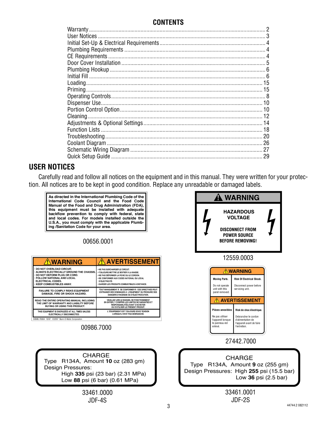 Bunn JDF-4S service manual User Notices, Contents 