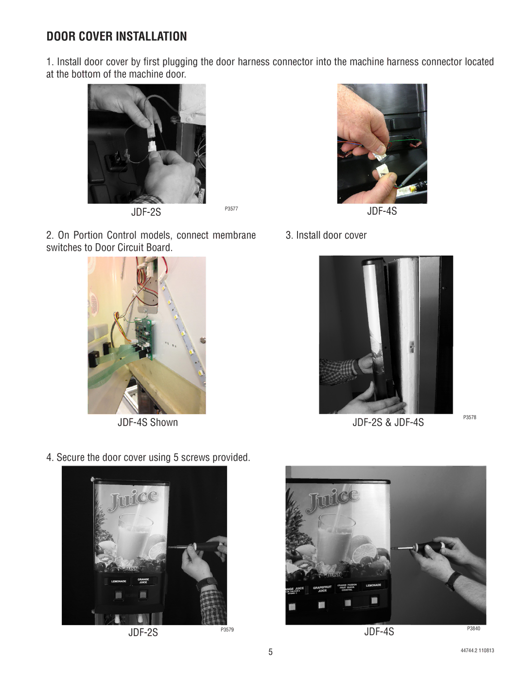 Bunn JDF-4S service manual Door Cover Installation, Secure the door cover using 5 screws provided 