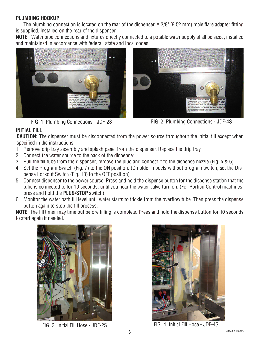 Bunn service manual Plumbing Hookup, Plumbing Connections JDF-2S Plumbing Connections JDF-4S, Initial Fill 