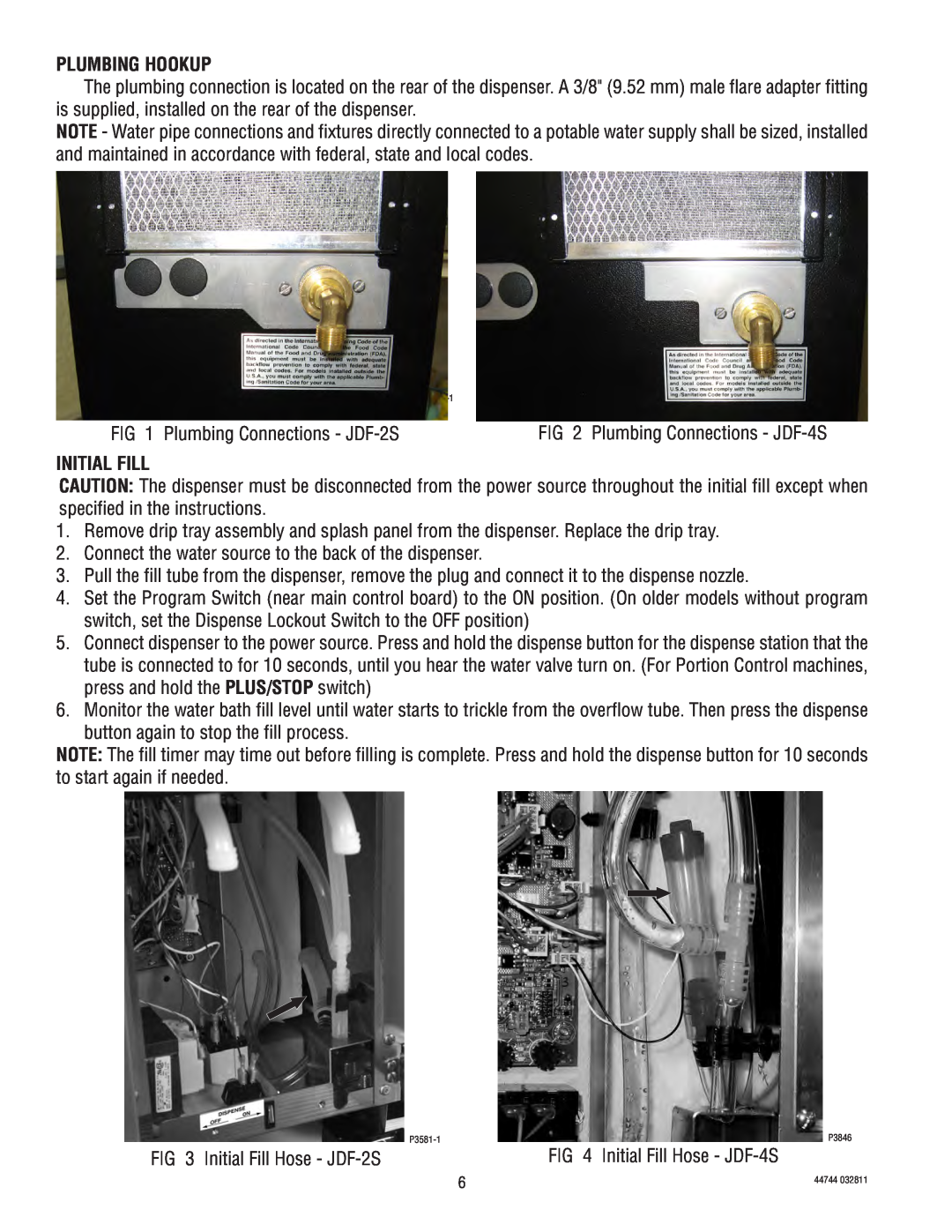 Bunn JDF-4S service manual Plumbing Hookup, Initial Fill 