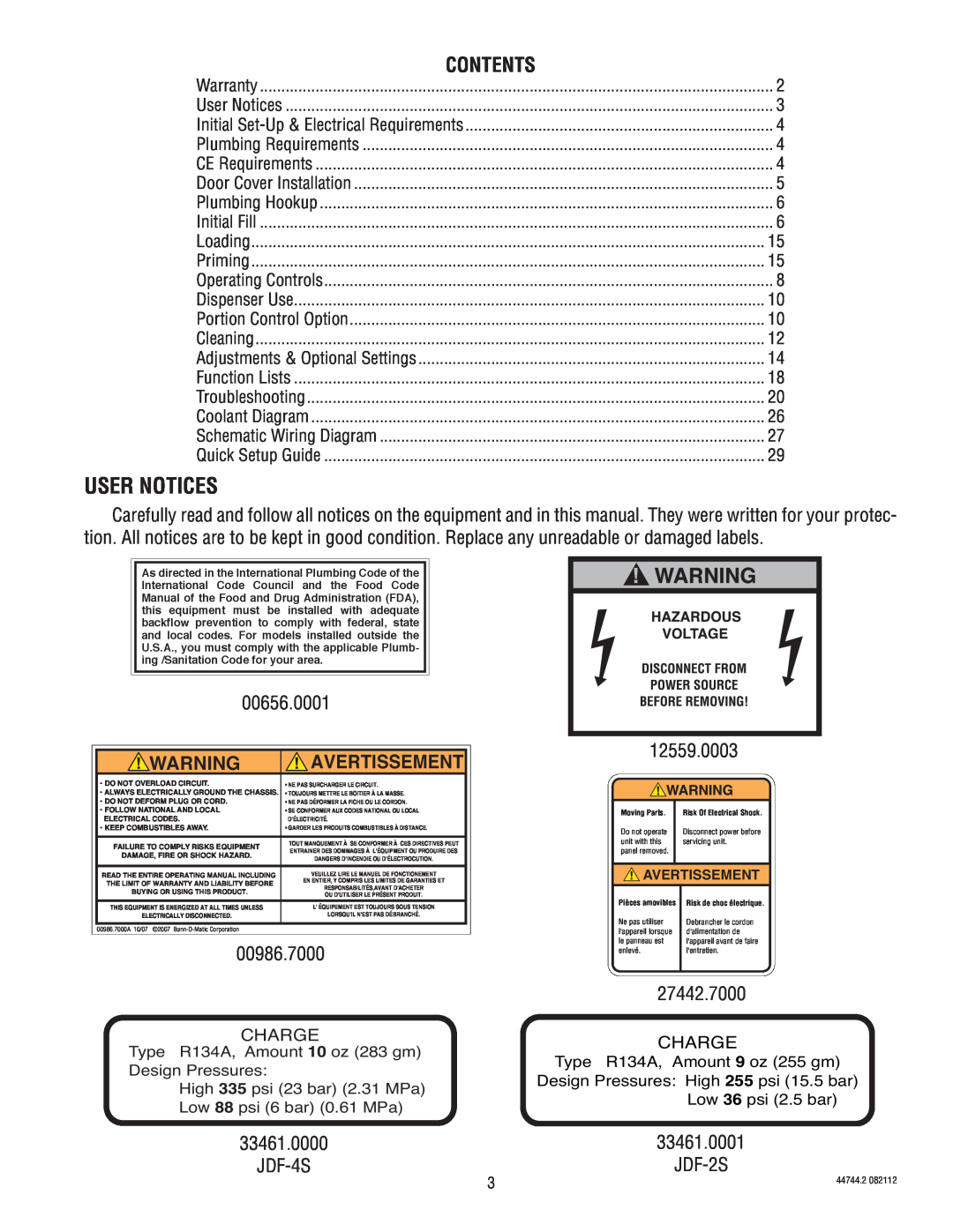 Bunn JDF-4S service manual User Notices, Warning Avertissement, Contents 