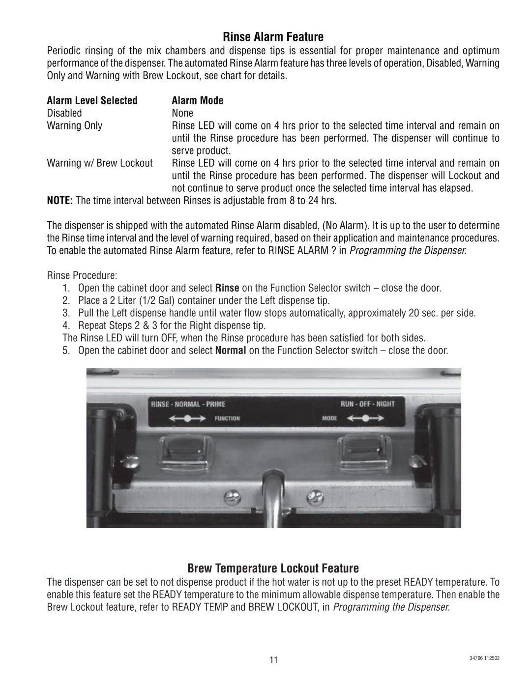 Bunn LCA-2 LCC-2 manual Rinse Alarm Feature, Brew Temperature Lockout Feature 