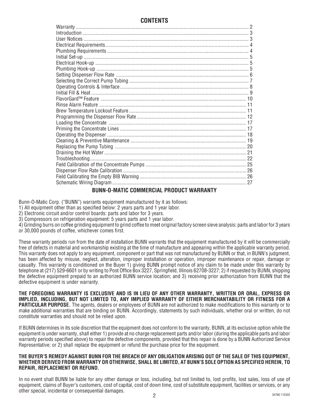 Bunn LCA-2 LCC-2 manual Contents 