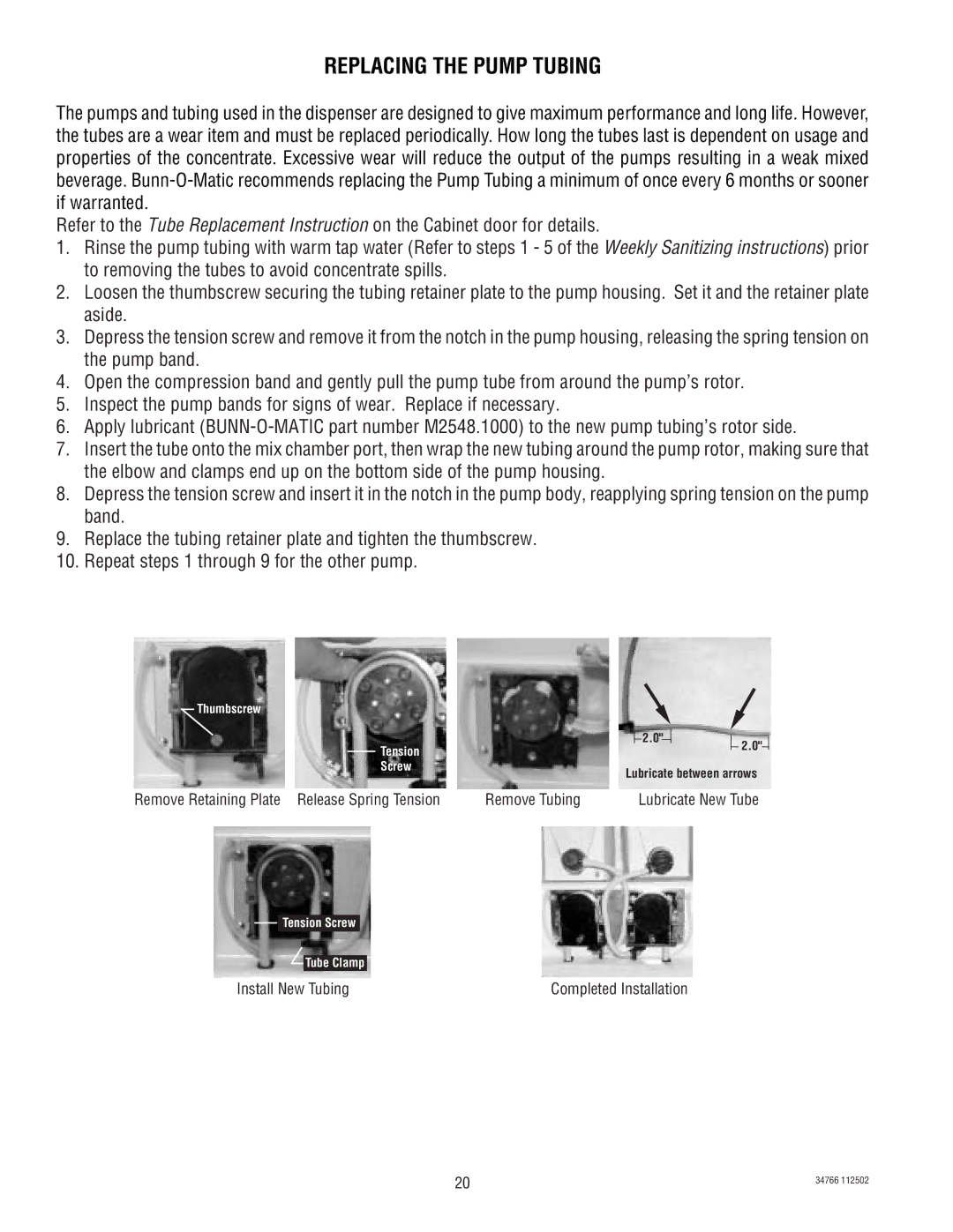 Bunn LCA-2 LCC-2 manual Replacing the Pump Tubing 