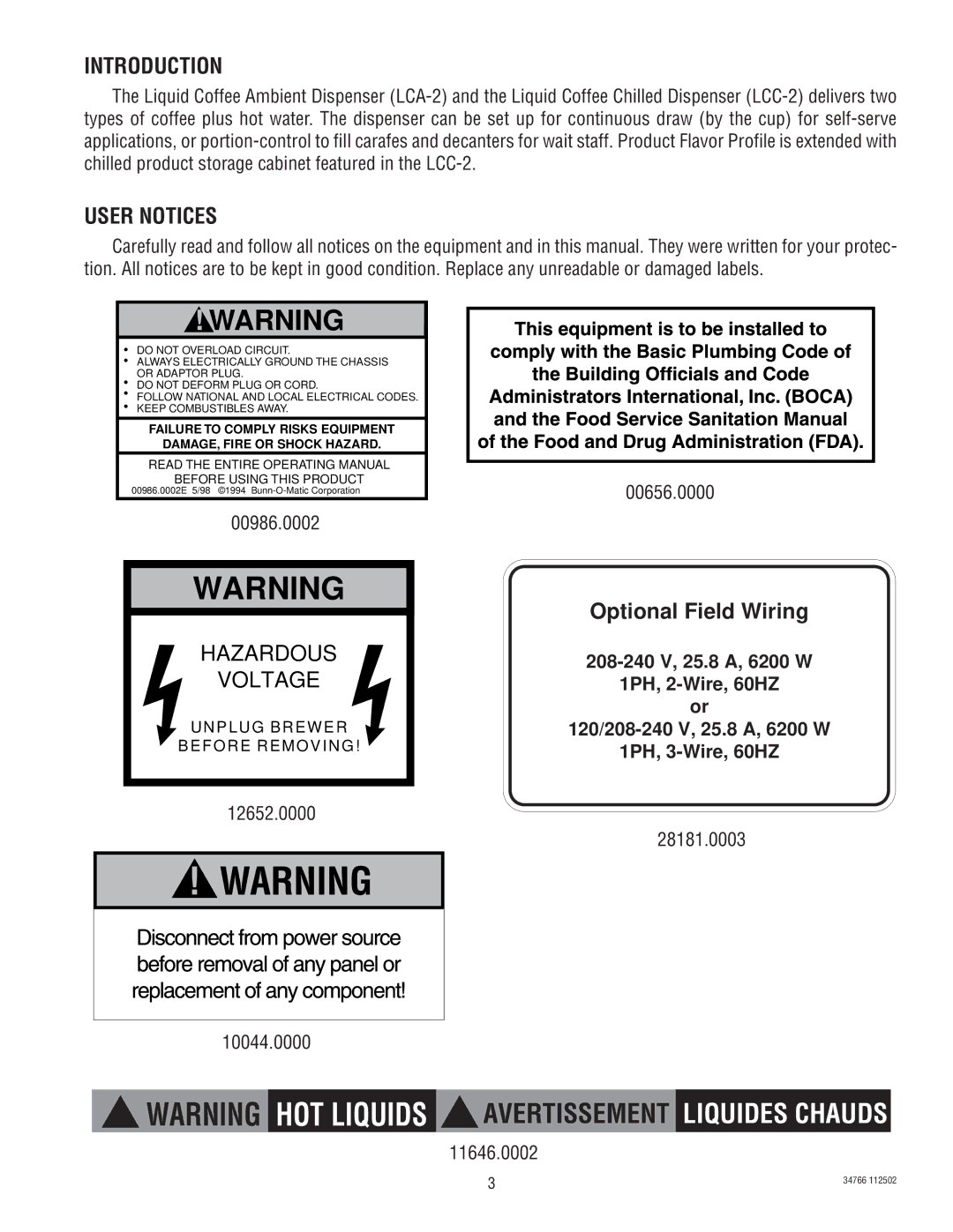 Bunn LCA-2 LCC-2 manual Introduction, User Notices, Optional Field Wiring 