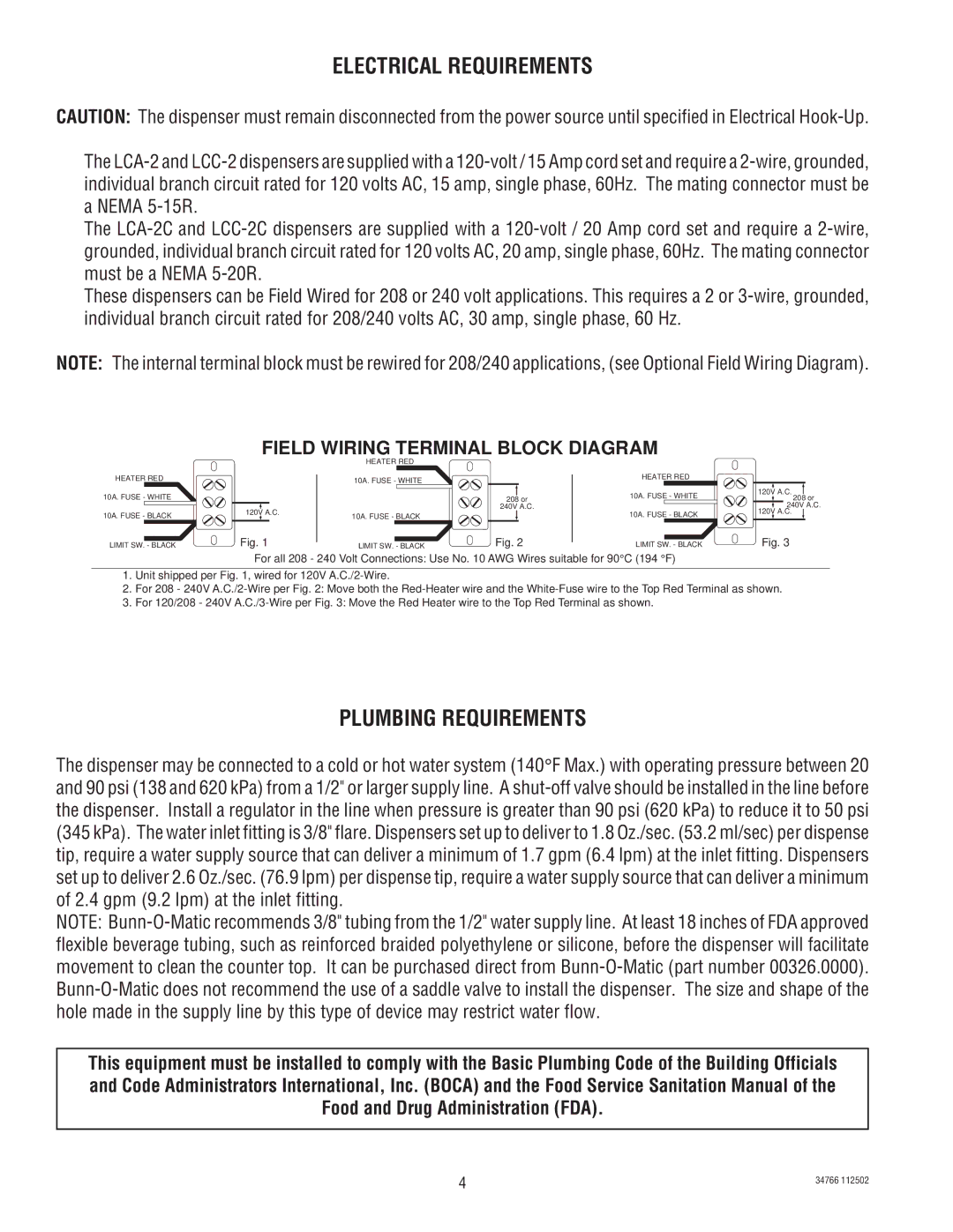 Bunn LCA-2 LCC-2 manual Electrical Requirements, Plumbing Requirements, Field Wiring Terminal Block Diagram 