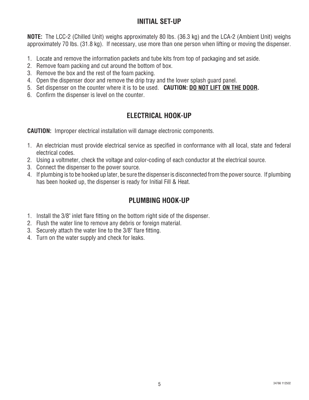 Bunn LCA-2 LCC-2 manual Initial SET-UP, Electrical HOOK-UP, Plumbing HOOK-UP 