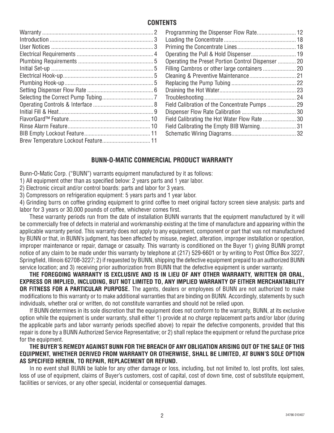 Bunn LCA-2 PC, LCC-2 manual Contents, BUNN-O-MATIC Commercial Product Warranty 