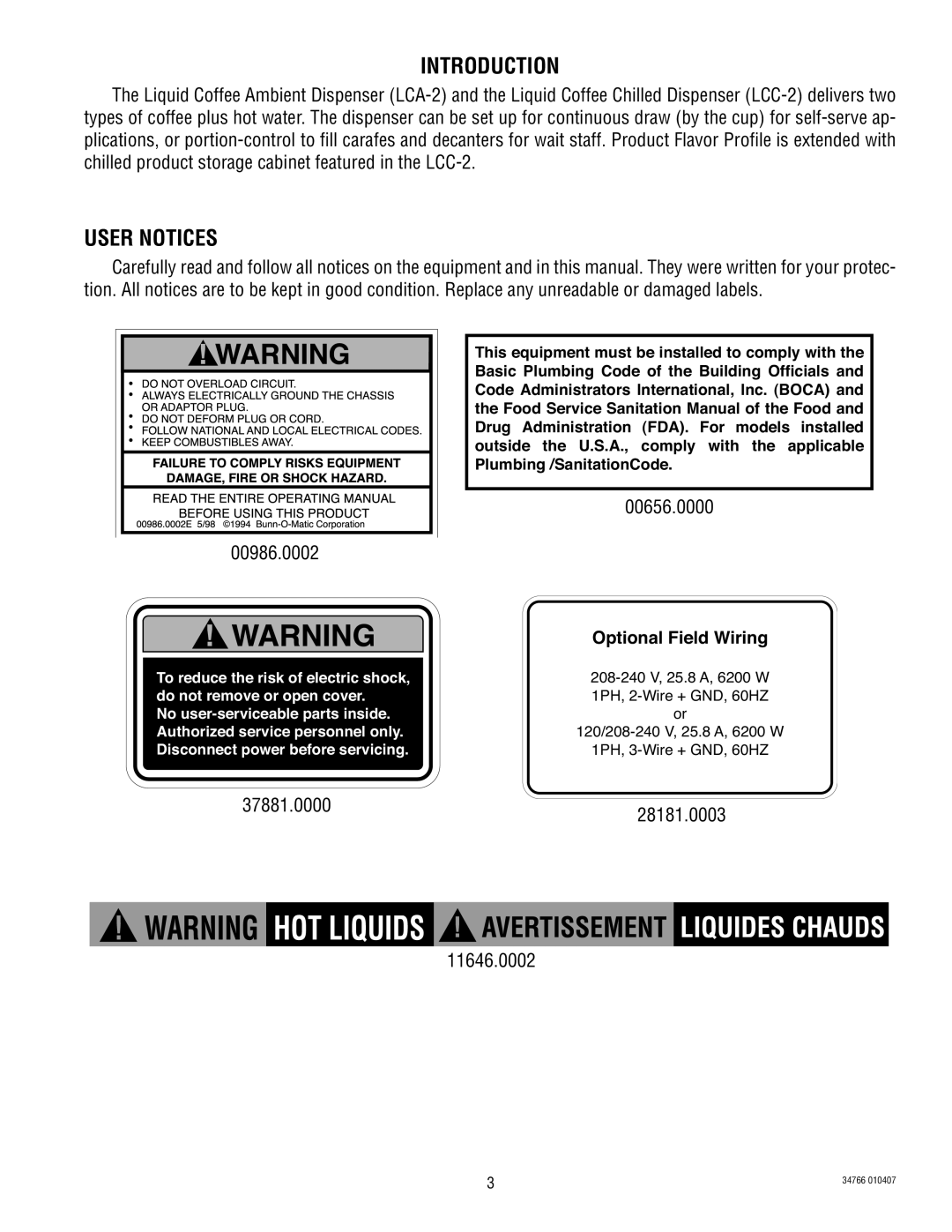 Bunn LCC-2, LCA-2 PC manual Introduction, User Notices, 00656.0000, 28181.0003, 11646.0002 