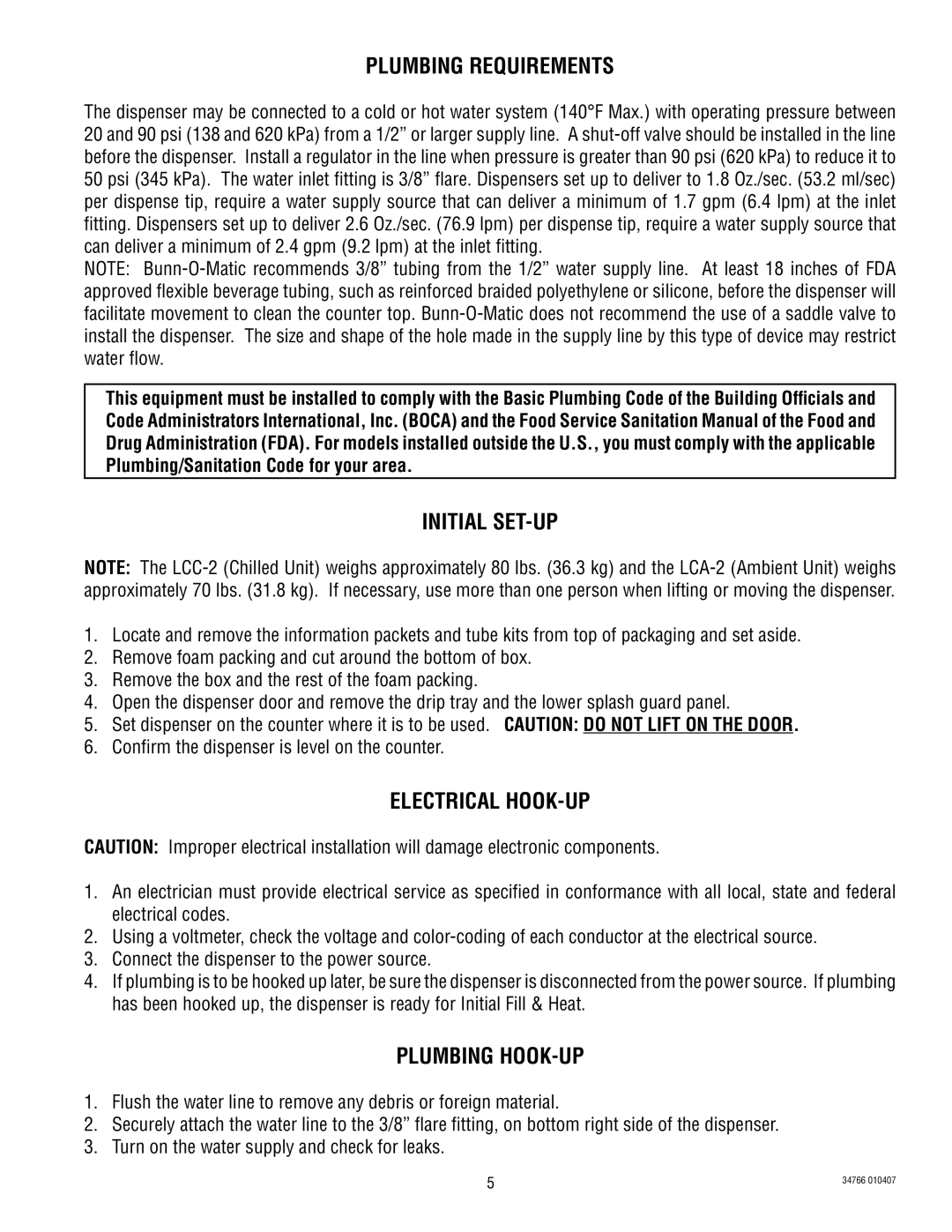Bunn LCA-2 PC, LCC-2 manual Plumbing Requirements, Initial SET-UP, Electrical HOOK-UP, Plumbing HOOK-UP 