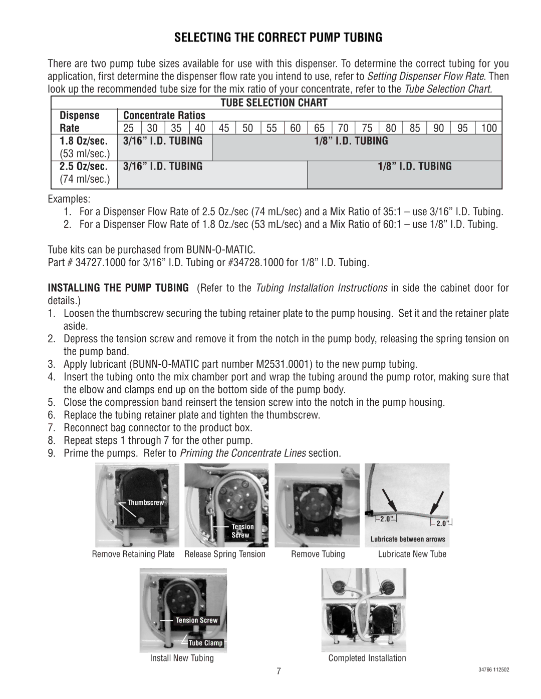 Bunn LCC-2, LCA-2 PC manual Selecting the Correct Pump Tubing, Dispense, Rate, Oz/sec 16 I.D. Tubing 