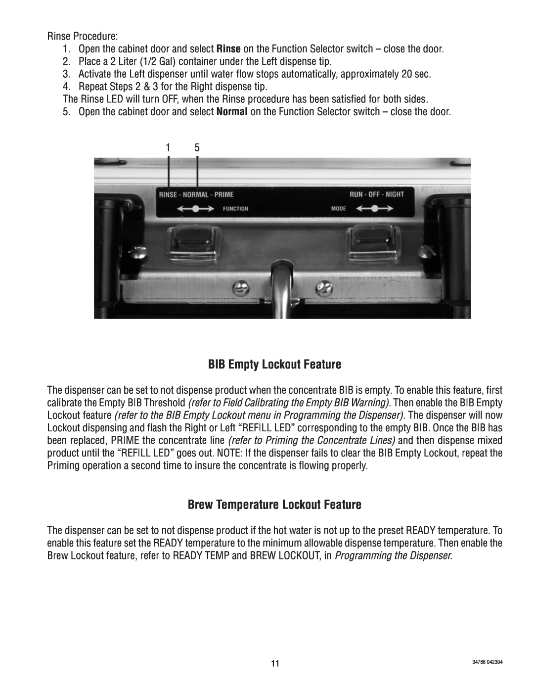 Bunn LCA-2 PC, LCC-2 manual BIB Empty Lockout Feature, Brew Temperature Lockout Feature 