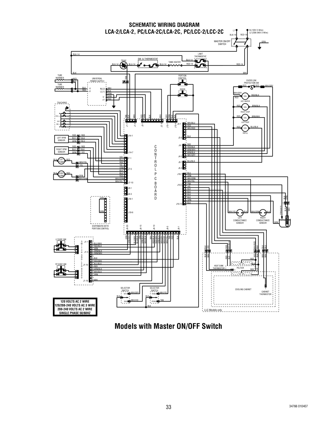 Bunn manual Models with Master ON/OFF Switch, Schematic Wiring Diagram, LCA-2/LCA-2, PC/LCA-2C/LCA-2C, PC/LCC-2/LCC-2C 