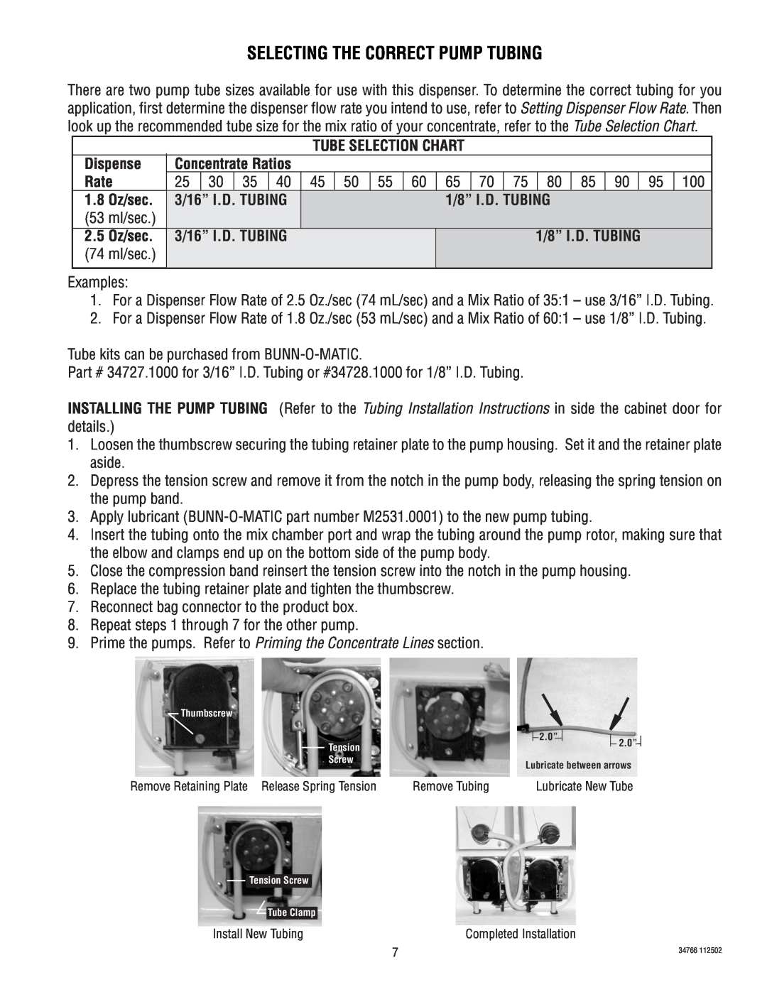 Bunn LCA-2 Selecting The Correct Pump Tubing, Dispense, Rate, 1.8 Oz/sec, 3/16” I.D. TUBING, 1/8” I.D. TUBING, 2.5 Oz/sec 