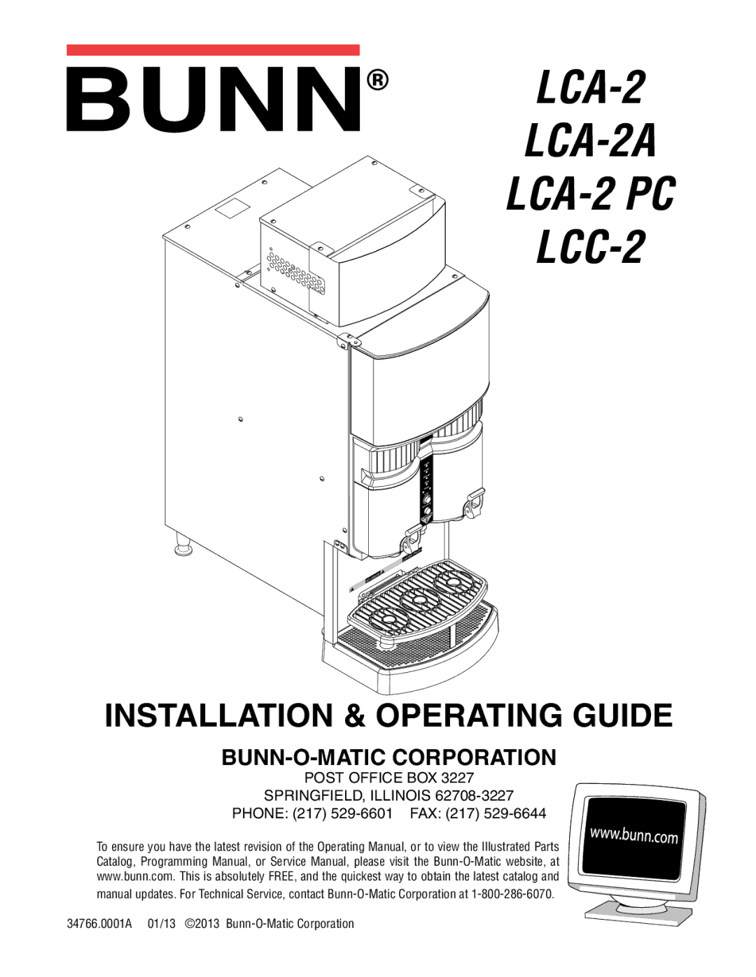 Bunn manual LCA-2 LCA-2A LCA-2 PC LCC-2, Phone 217 529-6601 FAX 217 