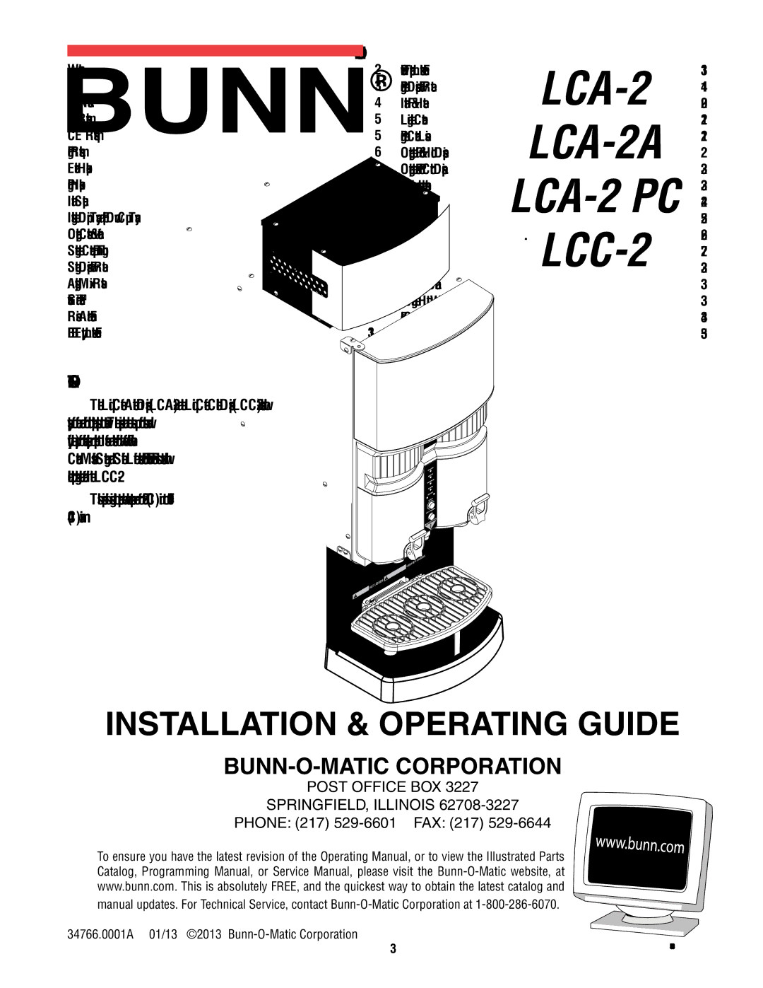 Bunn LCC-2, LCA-2A, LCA-2 PC manual Contents, Introduction 