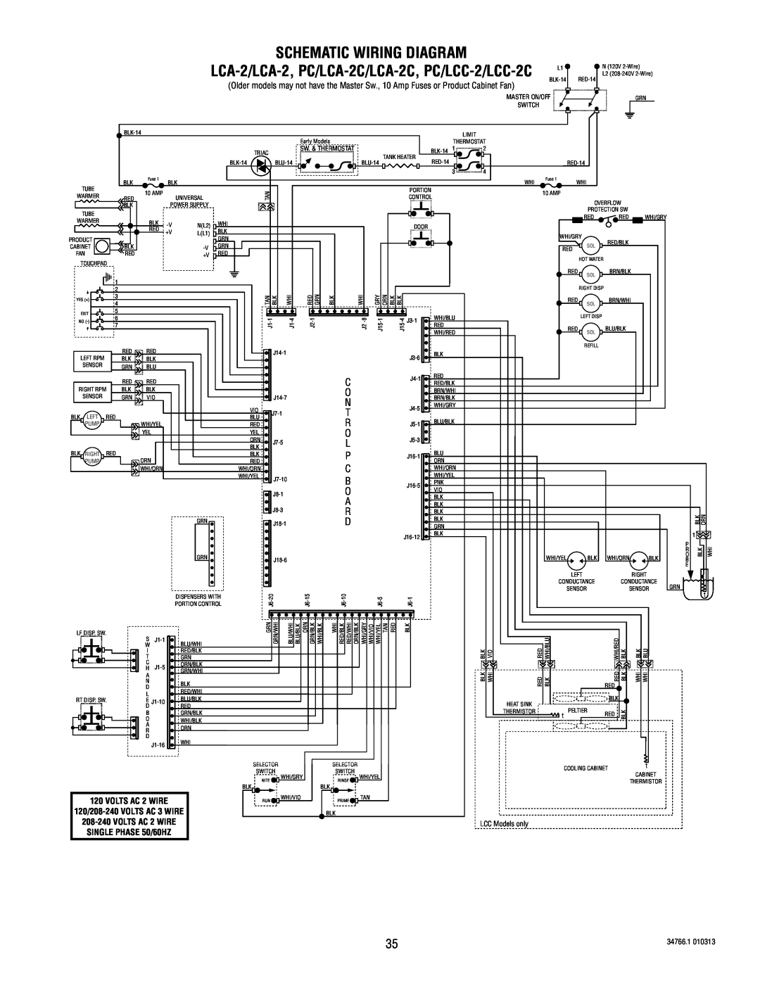 Bunn LCA-2 PC Schematic Wiring Diagram, LCA-2/LCA-2, PC/LCA-2C/LCA-2C, PC/LCC-2/LCC-2C, LCC Models only, 34766.1, Switch 
