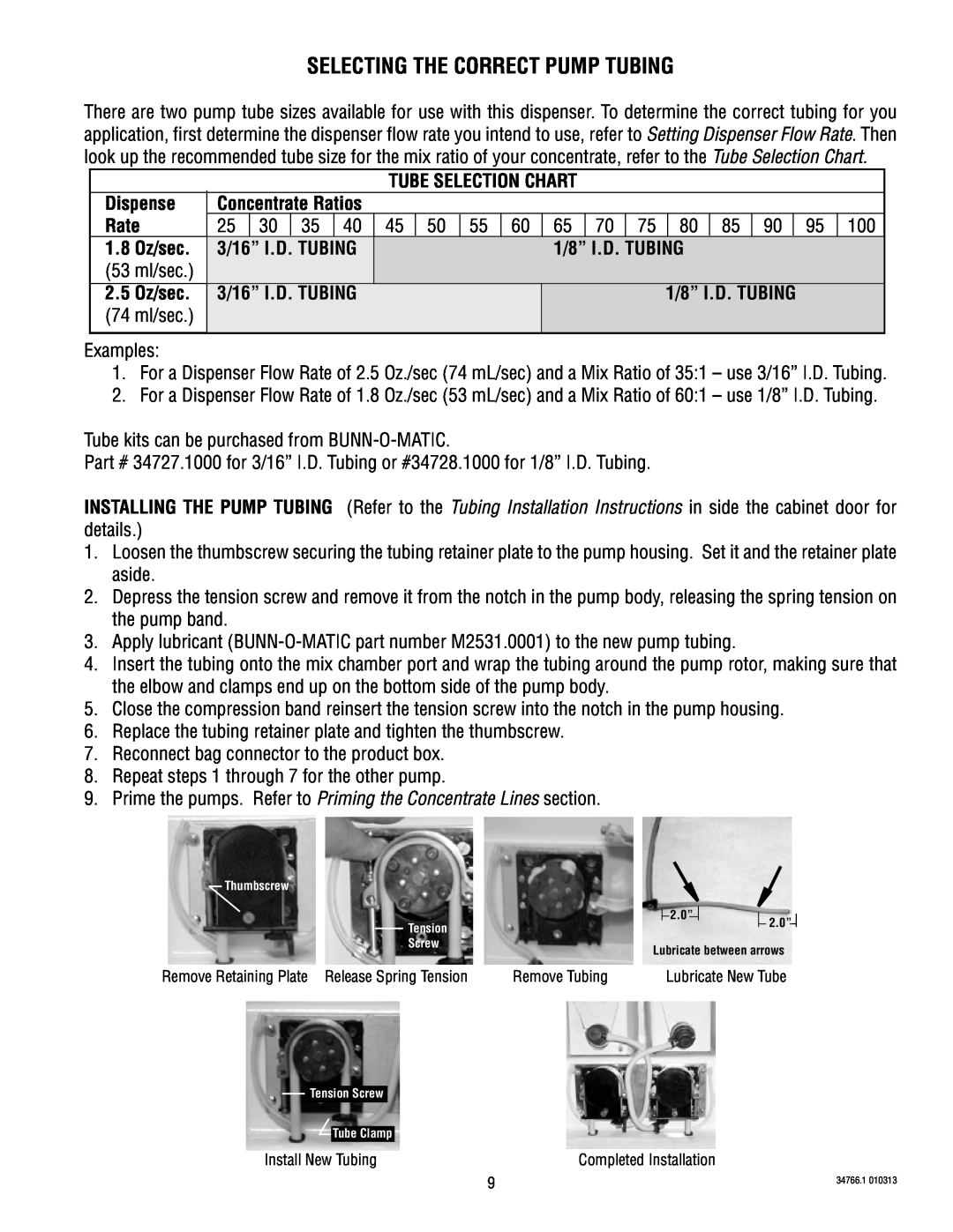 Bunn LCC-2 Selecting The Correct Pump Tubing, Dispense, Rate, 1.8 Oz/sec, 3/16” I.D. TUBING, 1/8” I.D. TUBING, 2.5 Oz/sec 