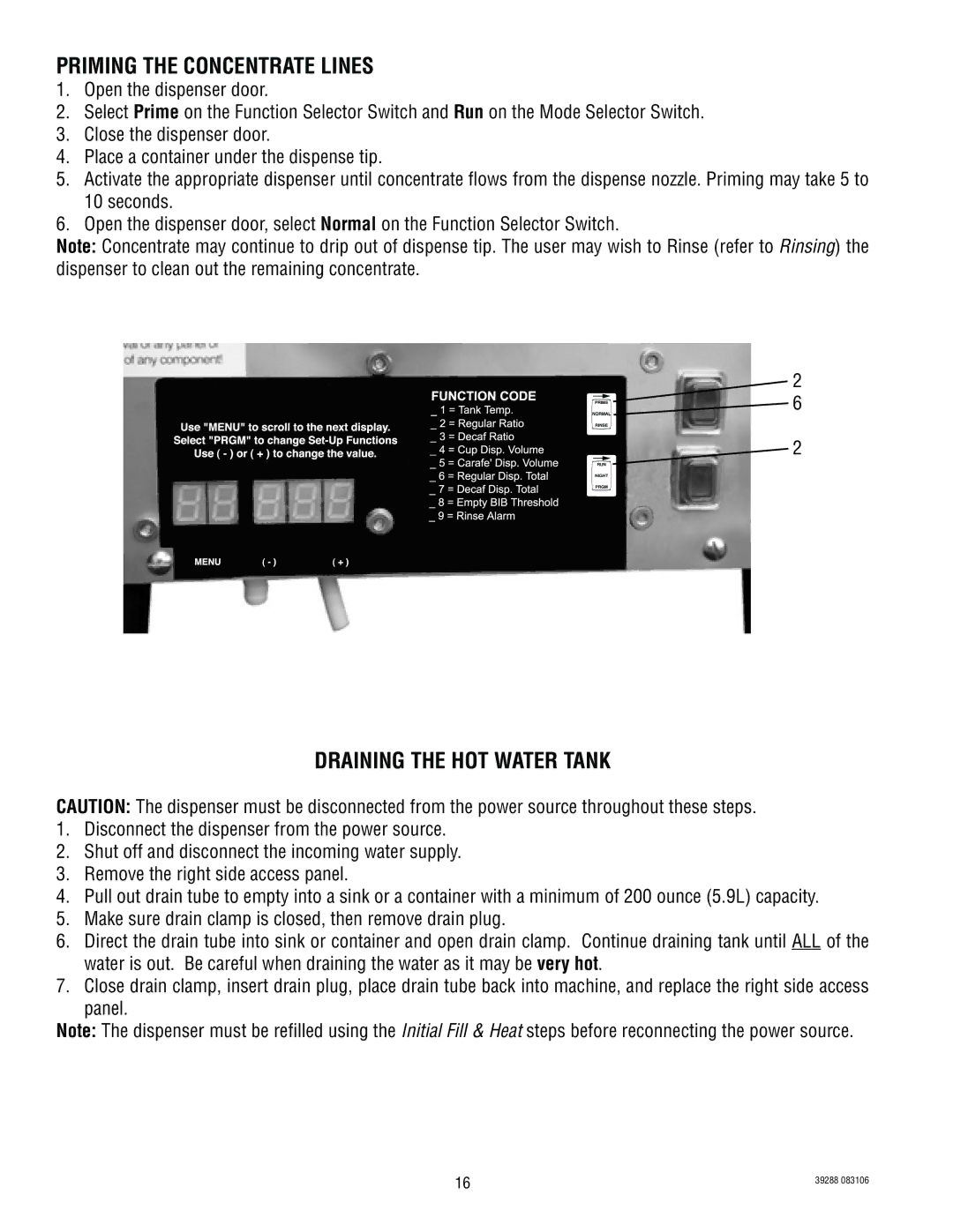 Bunn LCC-2 service manual Priming the Concentrate Lines, Draining the HOT Water Tank 