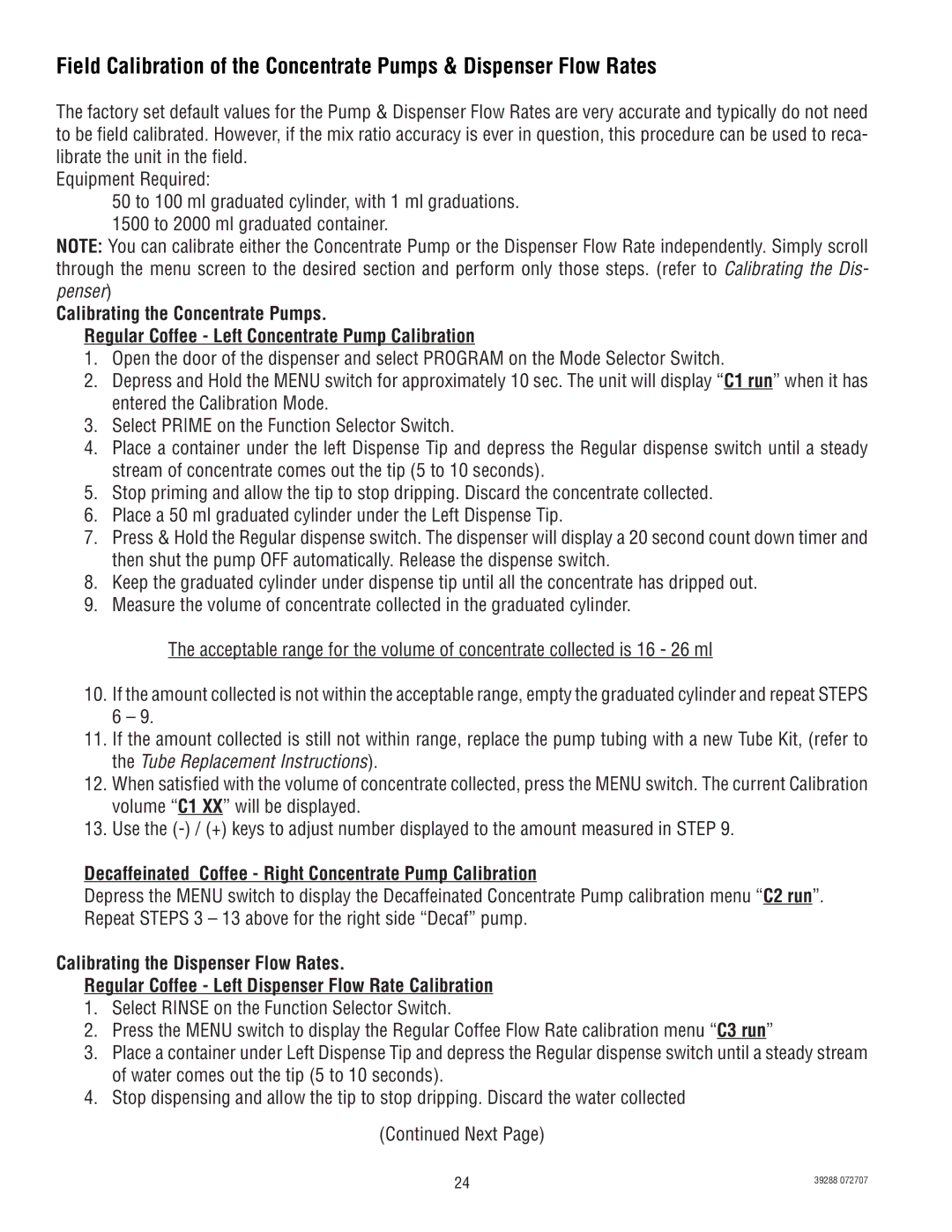 Bunn LCC-2 service manual Decaffeinated Coffee Right Concentrate Pump Calibration 