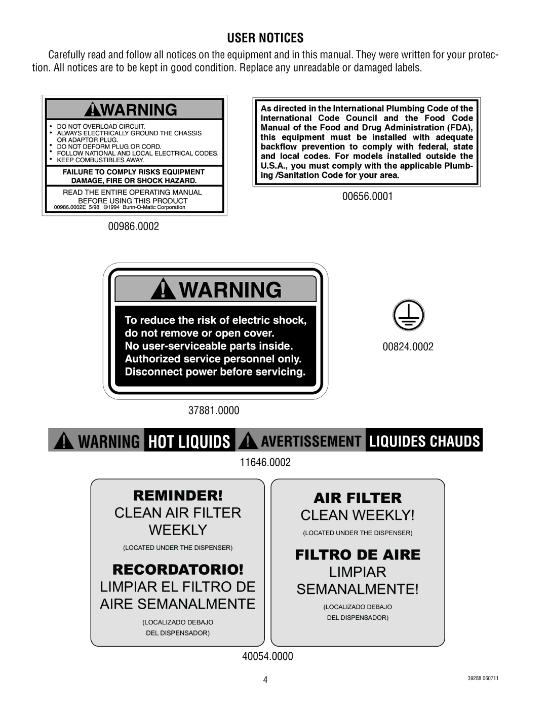 Bunn LCC-2 service manual User Notices, 00656.0001 00986.0002 00824.0002 37881.0000 11646.0002, 40054.0000 