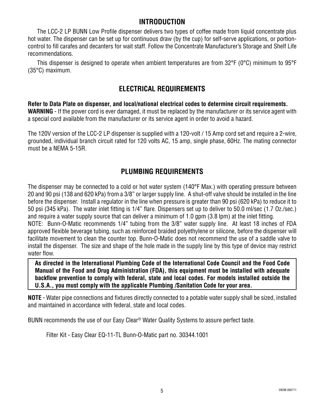 Bunn LCC-2 service manual Introduction, Electrical Requirements, Plumbing Requirements 