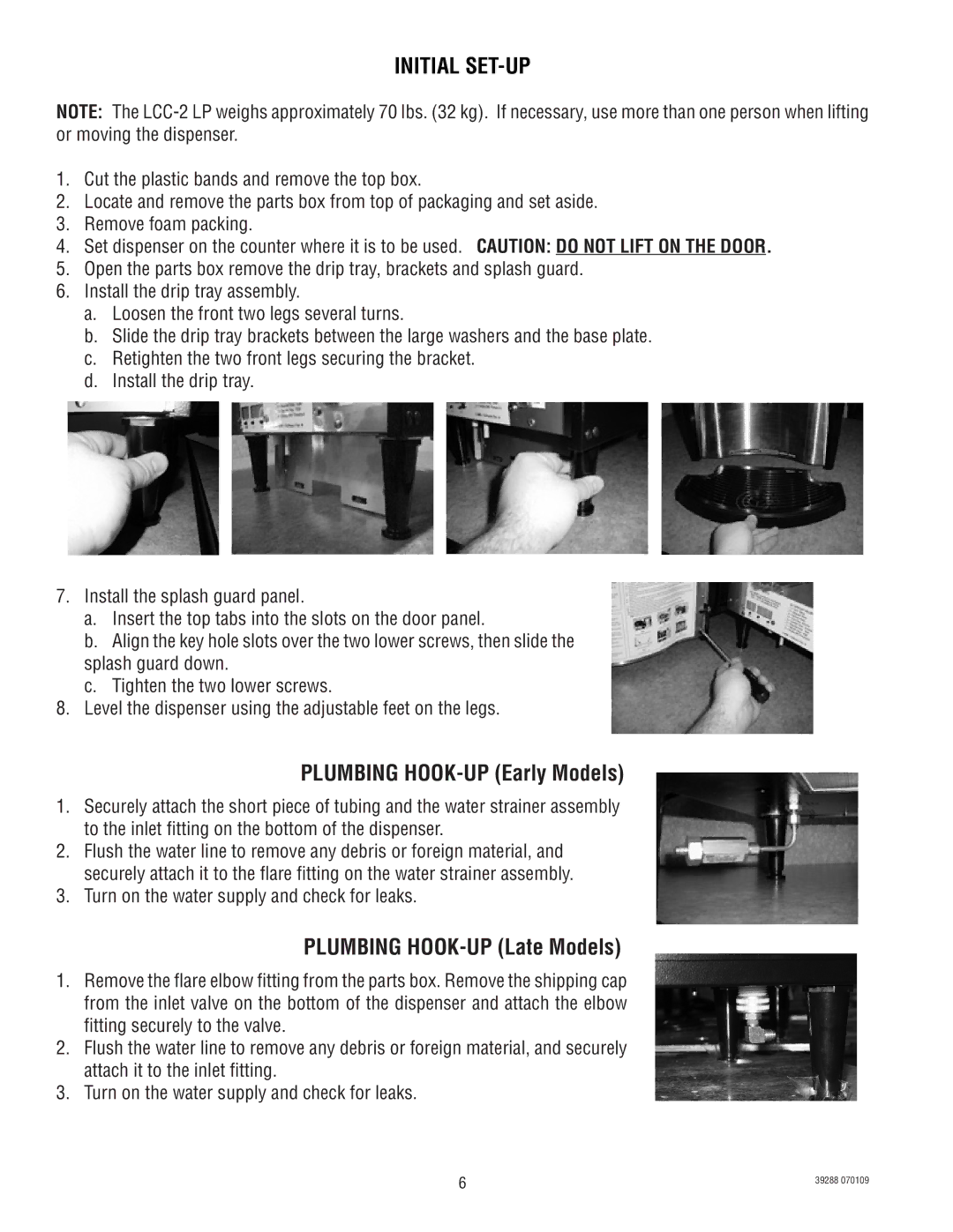 Bunn LCC-2 service manual Initial SET-UP, Plumbing HOOK-UP Early Models, Plumbing HOOK-UP Late Models 