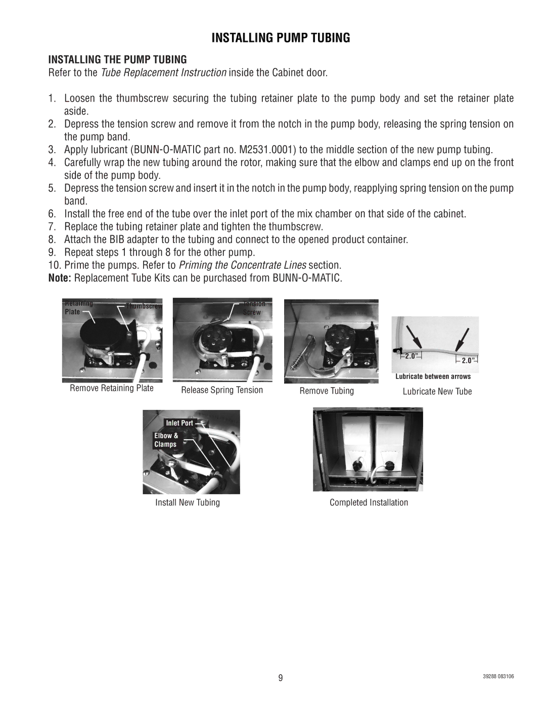 Bunn LCC-2 service manual Installing Pump Tubing, Installing the Pump Tubing 