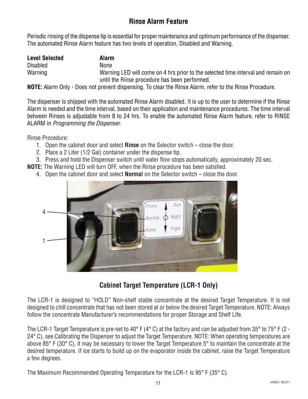 Bunn LCA-1 service manual Rinse Alarm Feature, Cabinet Target Temperature LCR-1 Only, Level Selected Alarm 