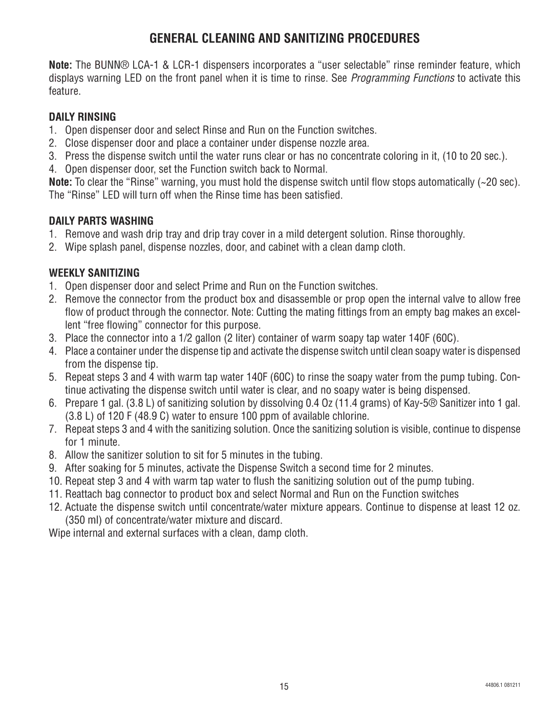 Bunn LCA-1, LCR-1 General Cleaning and Sanitizing Procedures, Daily Rinsing, Daily Parts Washing, Weekly Sanitizing 