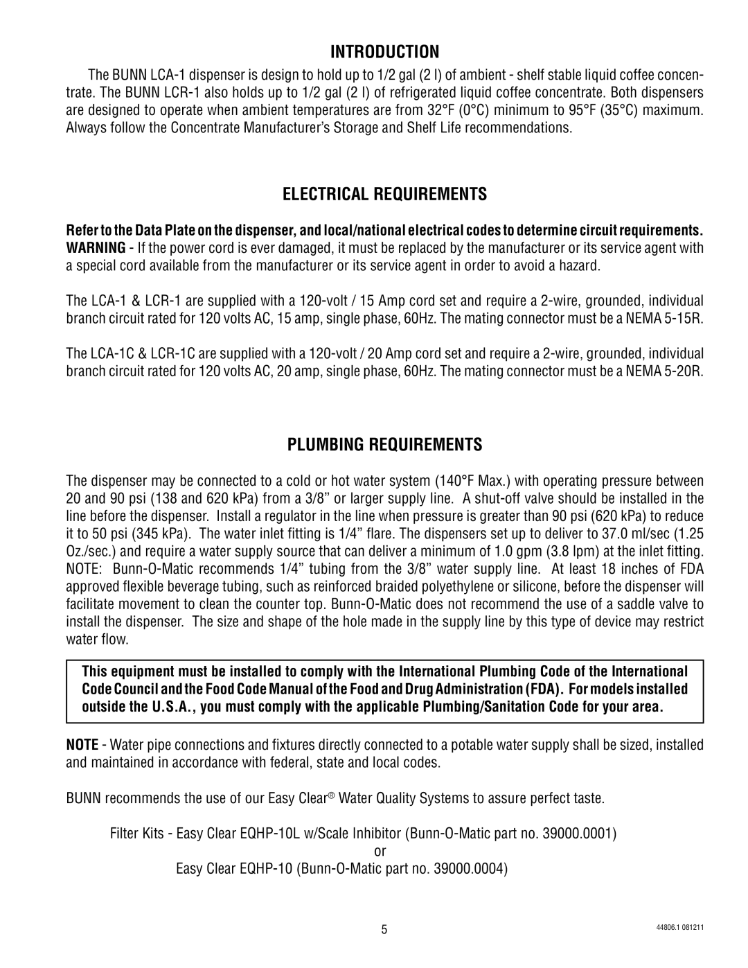 Bunn LCA-1, LCR-1 service manual Introduction, Electrical Requirements, Plumbing Requirements 