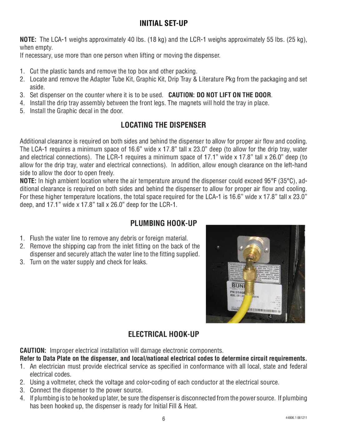 Bunn LCR-1, LCA-1 service manual Initial SET-UP, Locating the Dispenser, Plumbing HOOK-UP, Electrical HOOK-UP 