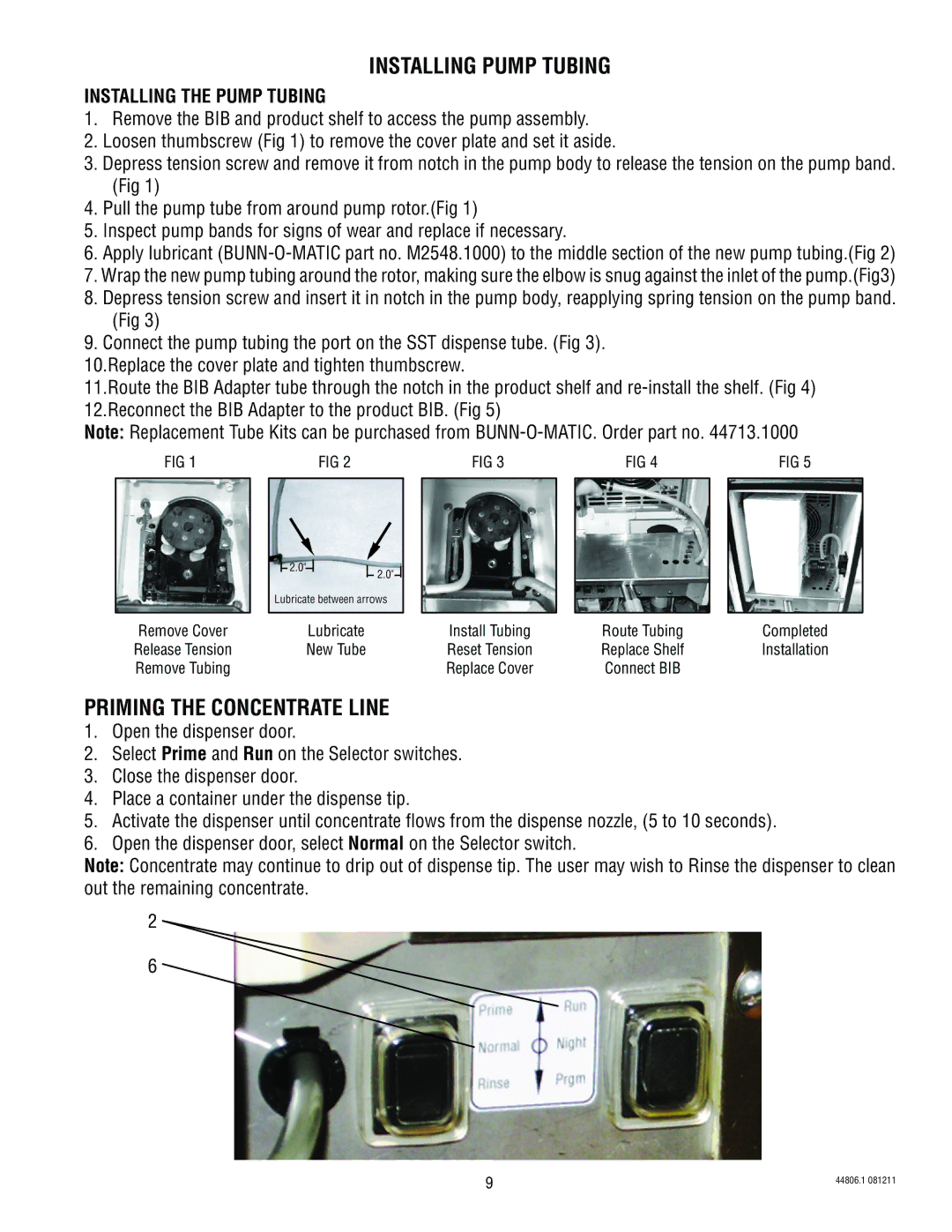 Bunn LCA-1, LCR-1 service manual Installing Pump Tubing, Priming the Concentrate Line, Installing the Pump Tubing 