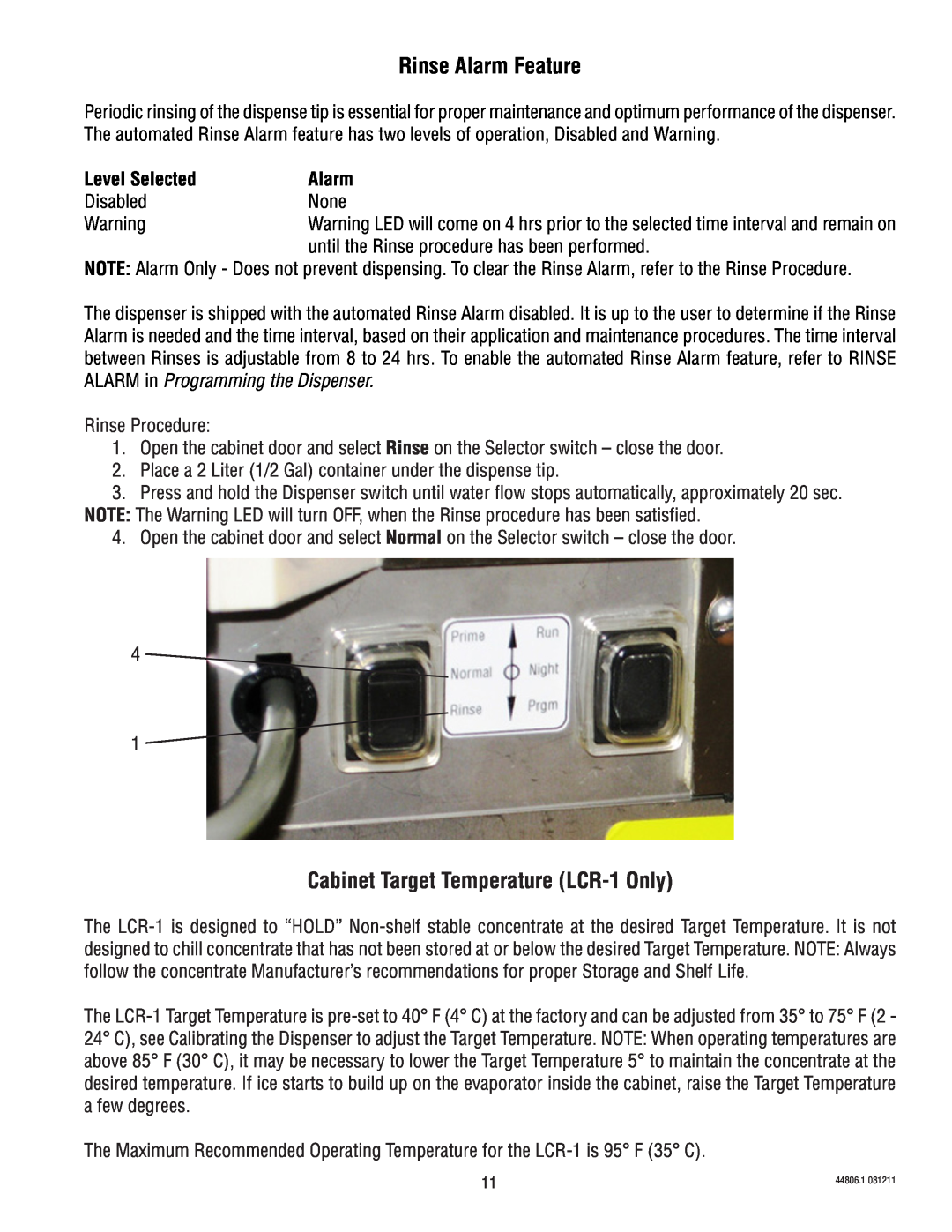 Bunn LCA-1 service manual Rinse Alarm Feature, Cabinet Target Temperature LCR-1 Only, Level Selected 