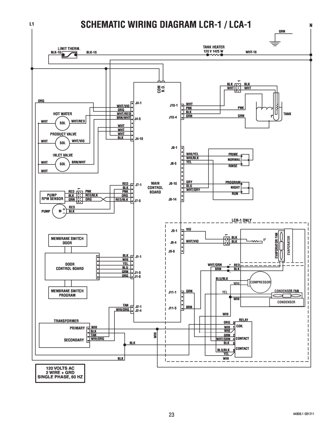 Bunn SCHEMATIC WIRING DIAGRAM LCR-1 / LCA-1, LCR-1 ONLY, Volts Ac, Wire + Grd, SINGLE PHASE, 60 HZ, Limit Therm, Door 