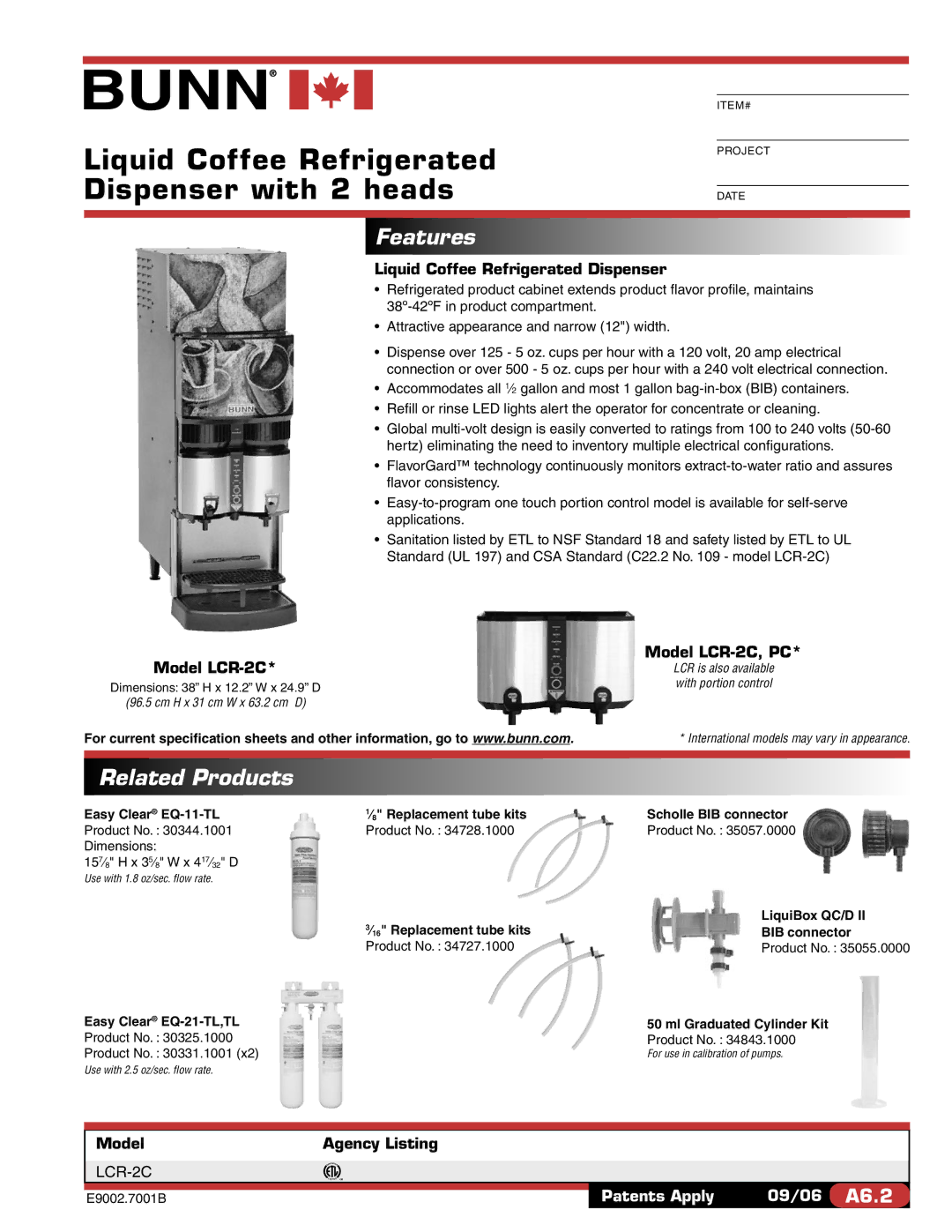 Bunn LCR-2C specifications Liquid Coffee Refrigerated Dispenser with 2 heads, Features, Related Products 