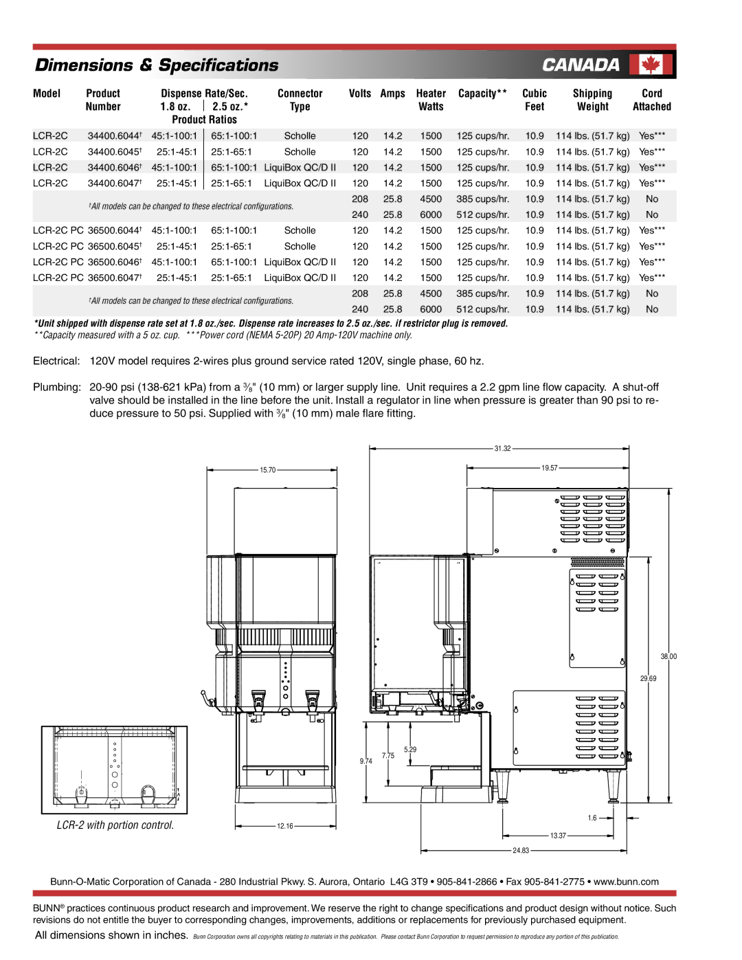 Bunn LCR-2C specifications Canada, Model Product, Number Type Watts Feet Weight, LCR-2 with portion control, Capacity 