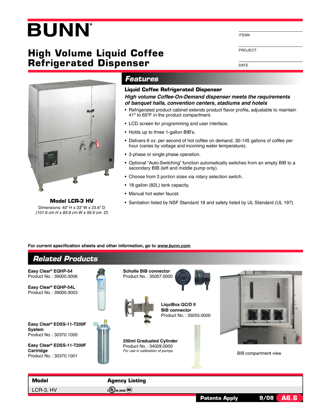 Bunn LCR-3 HV specifications High Volume Liquid Coffee Refrigerated Dispenser, Features, Related Products 