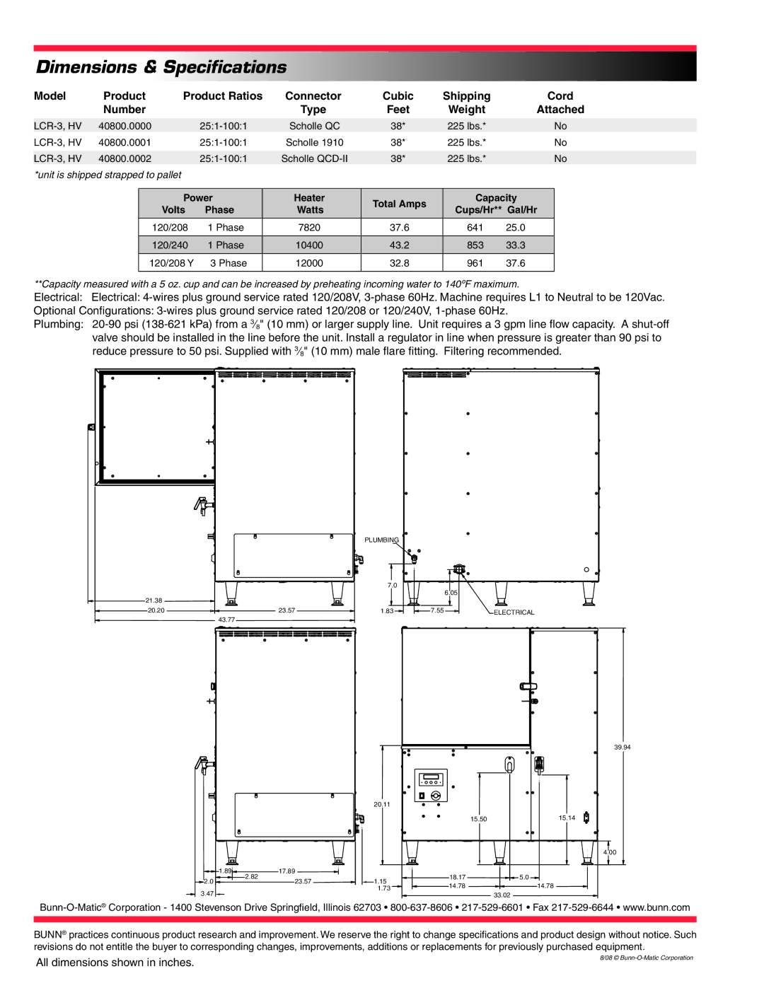 Bunn LCR-3 HV specifications Dimensions & Specifications, Attached 