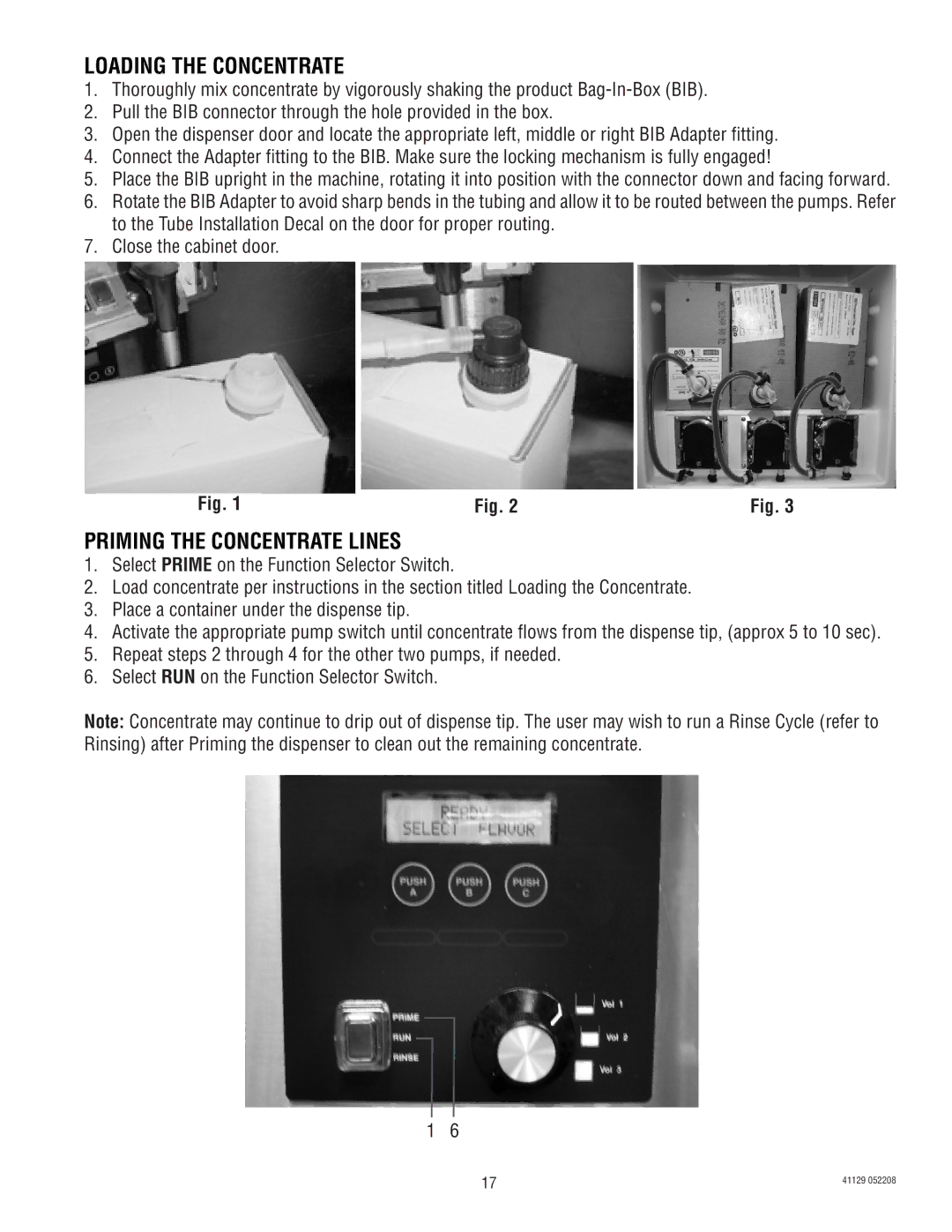 Bunn LCR-3 service manual Loading the Concentrate, Priming the Concentrate Lines 