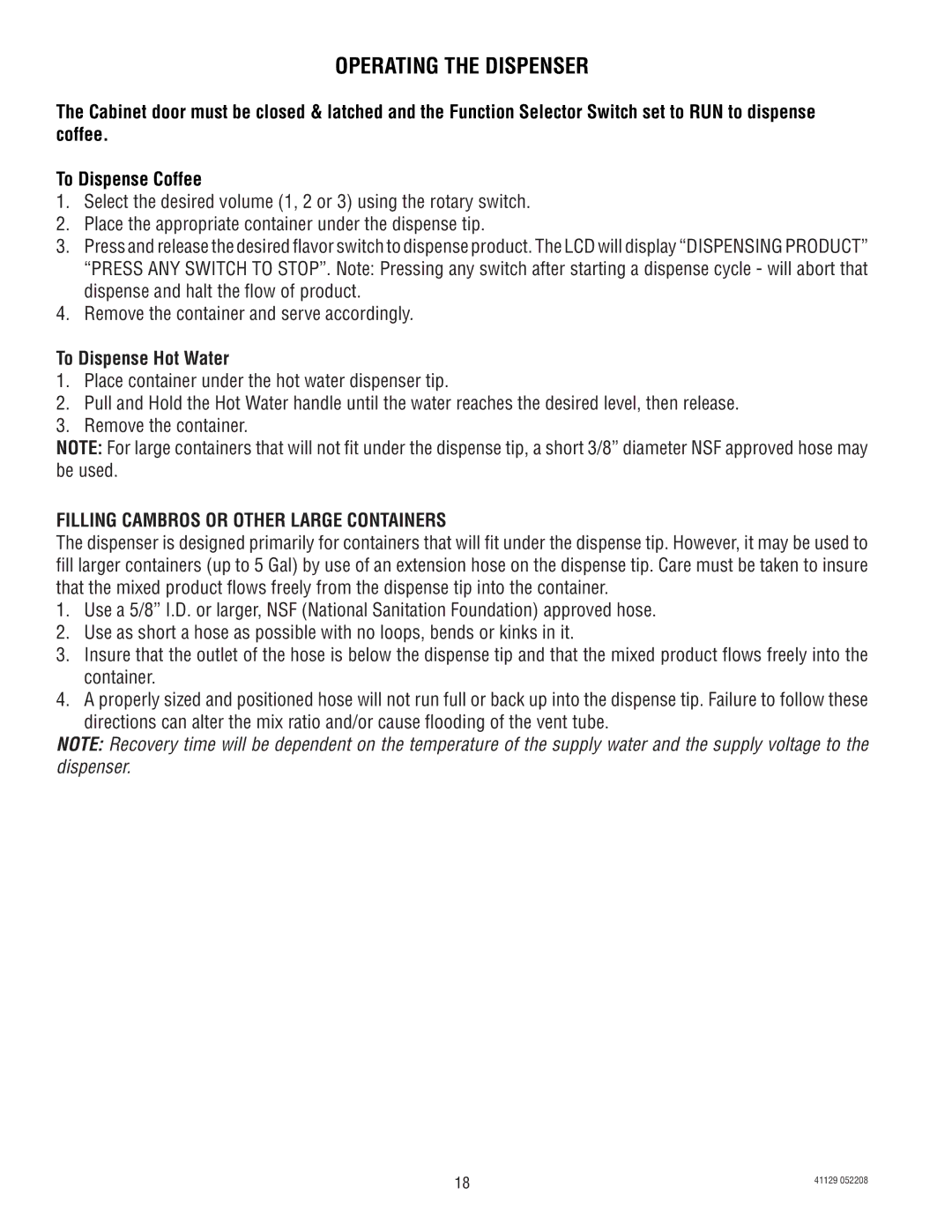 Bunn LCR-3 service manual Operating the Dispenser, To Dispense Hot Water, Filling Cambros or Other Large Containers 