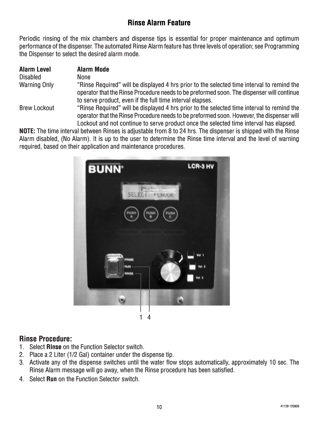 Bunn LCR-3 service manual Rinse Alarm Feature, Rinse Procedure, Alarm Level, Alarm Mode 