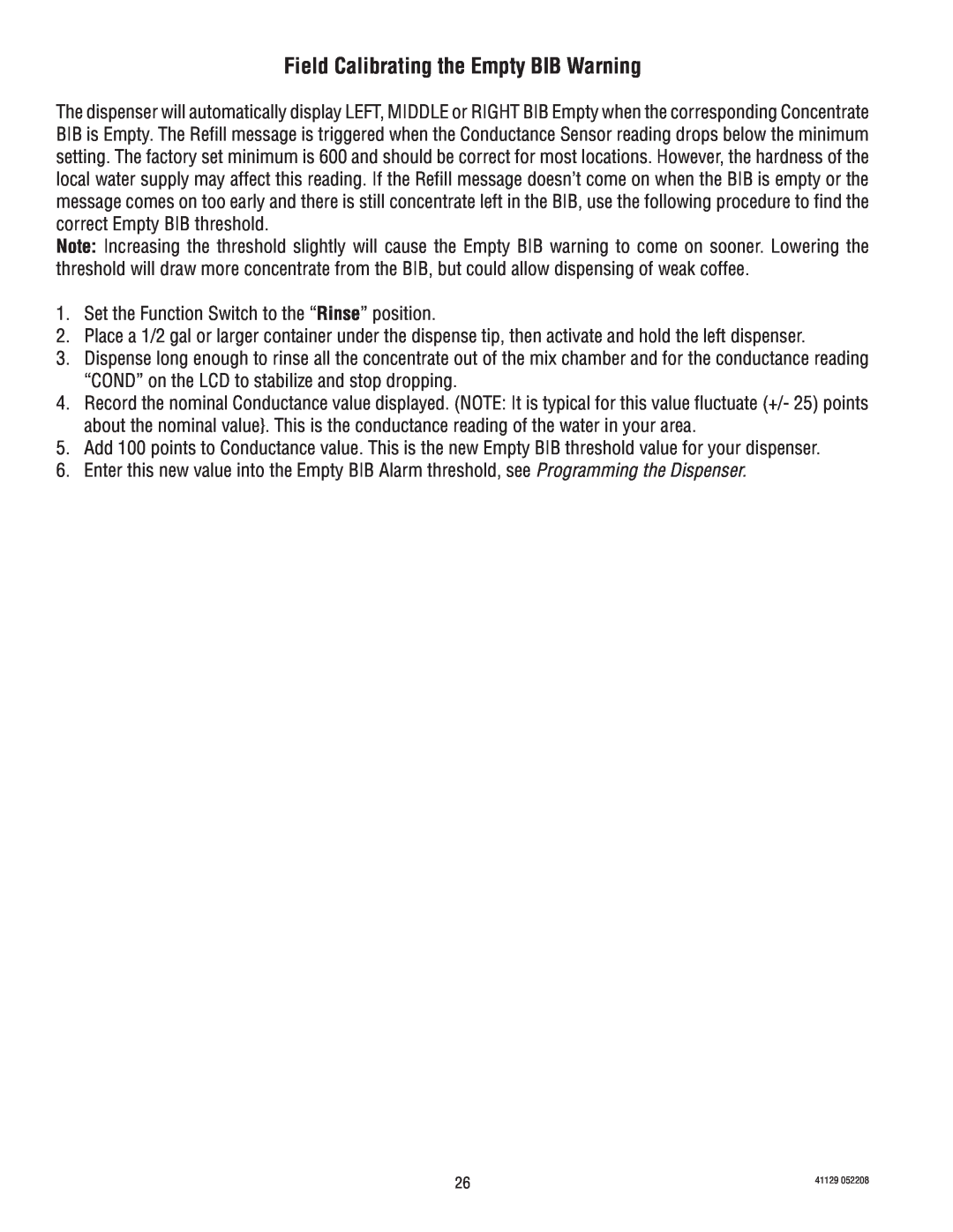 Bunn LCR-3 service manual Field Calibrating the Empty BIB Warning 