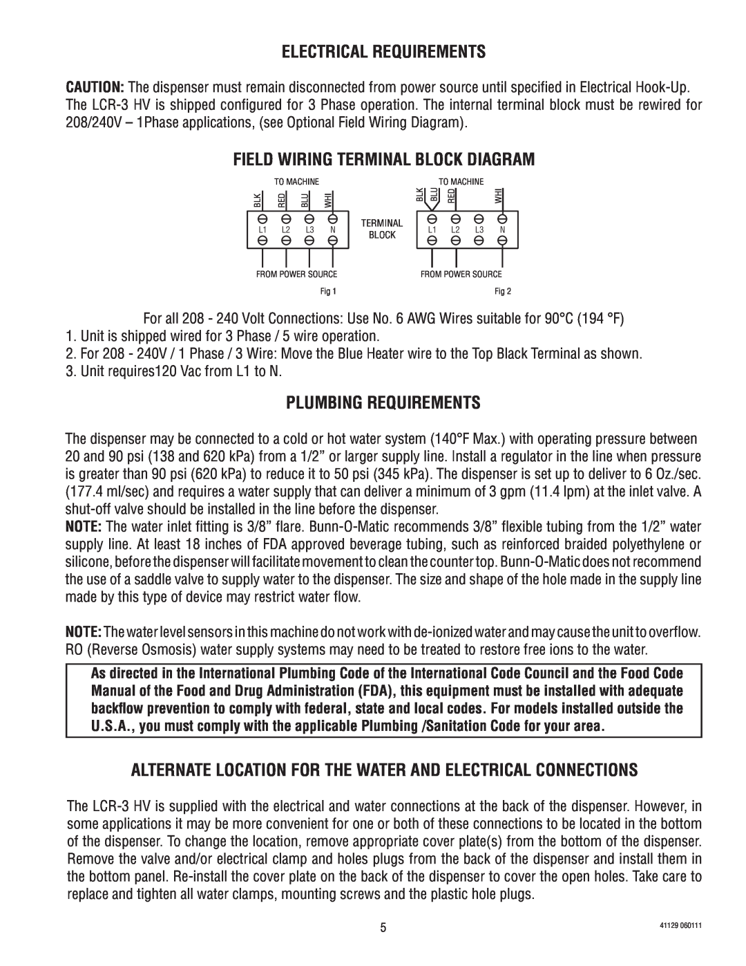 Bunn LCR-3 service manual Electrical Requirements, Field Wiring Terminal Block Diagram, Plumbing Requirements 