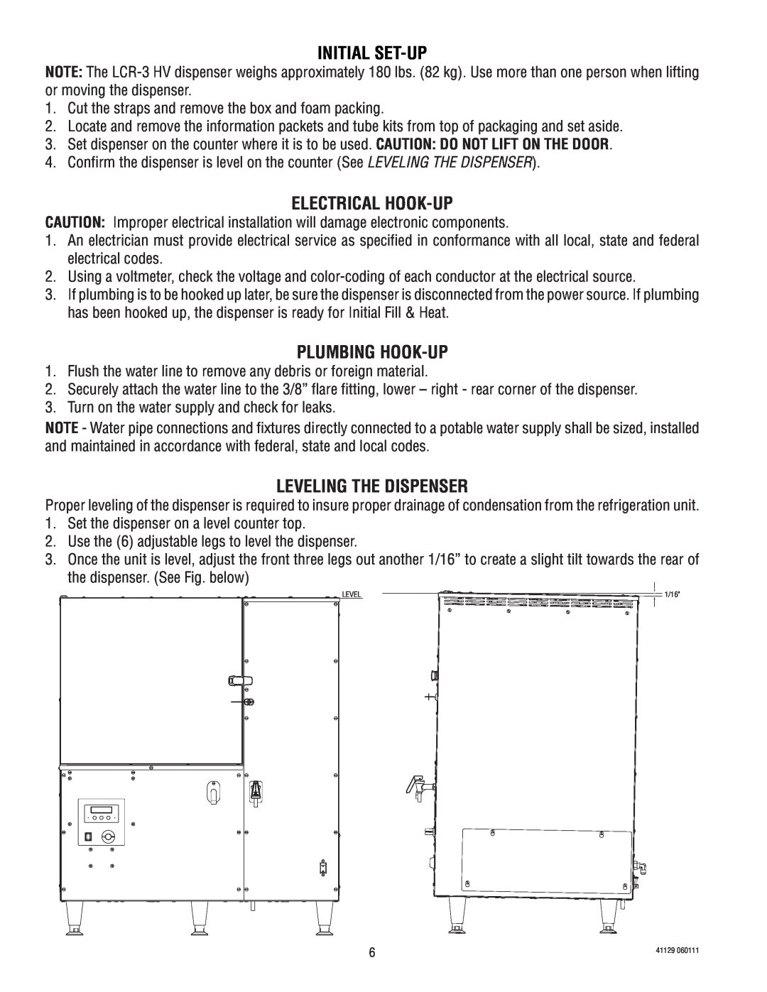 Bunn LCR-3 service manual Initial Set-Up, Electrical Hook-Up, Plumbing Hook-Up, Leveling The Dispenser 