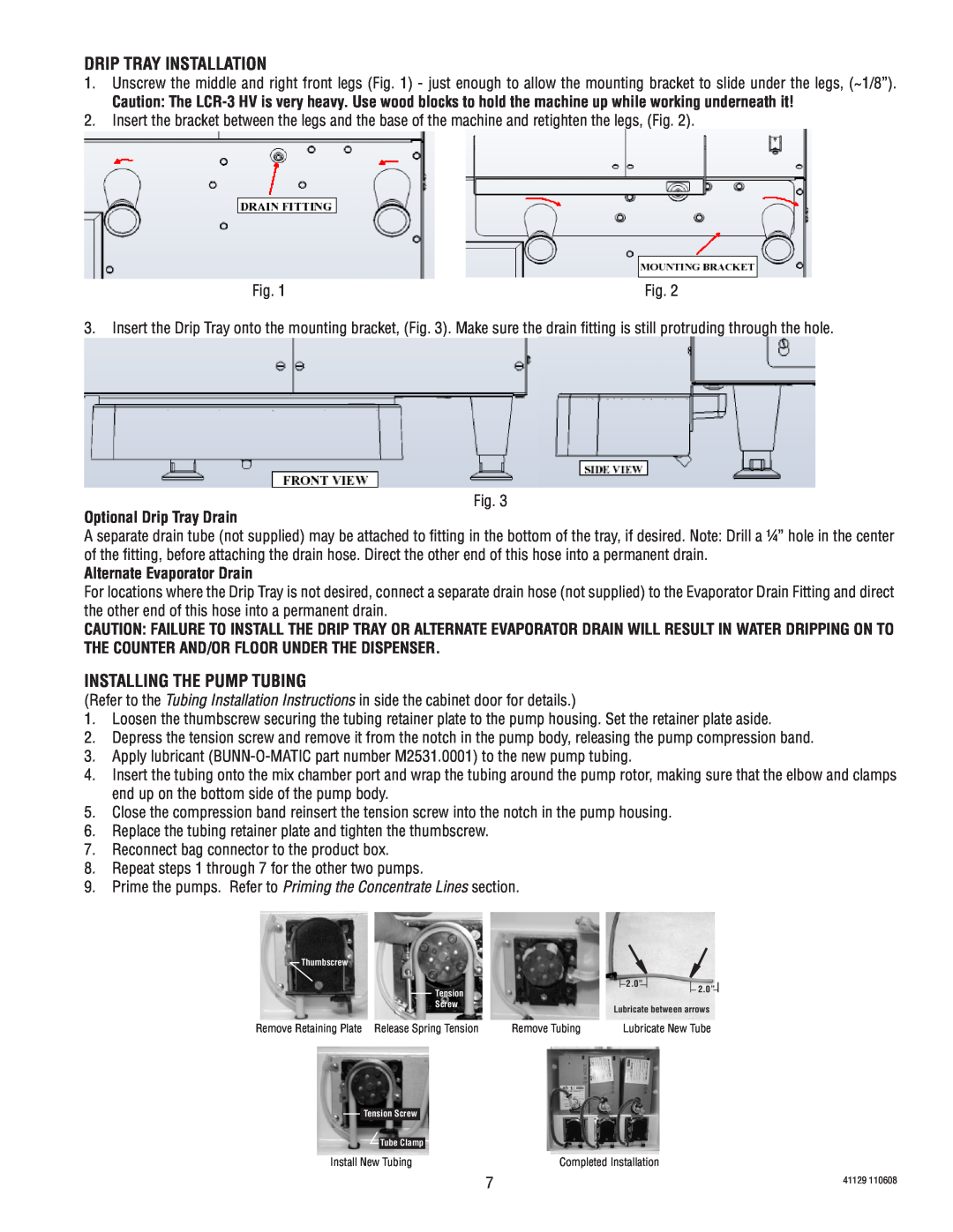 Bunn LCR-3 Drip Tray Installation, Installing The Pump Tubing, Optional Drip Tray Drain, Alternate Evaporator Drain 