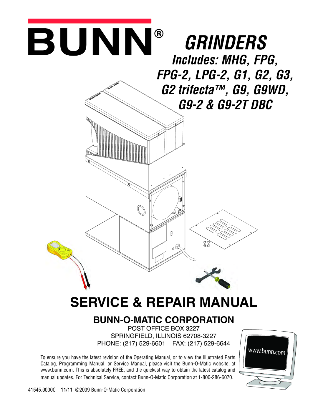 Bunn G9WD, LPG-2, G2 TRIFECTA, G9-2, FPG-2 service manual Post Office BOX SPRINGFIELD, Illinois, Phone 217 529-6601 FAX 217 