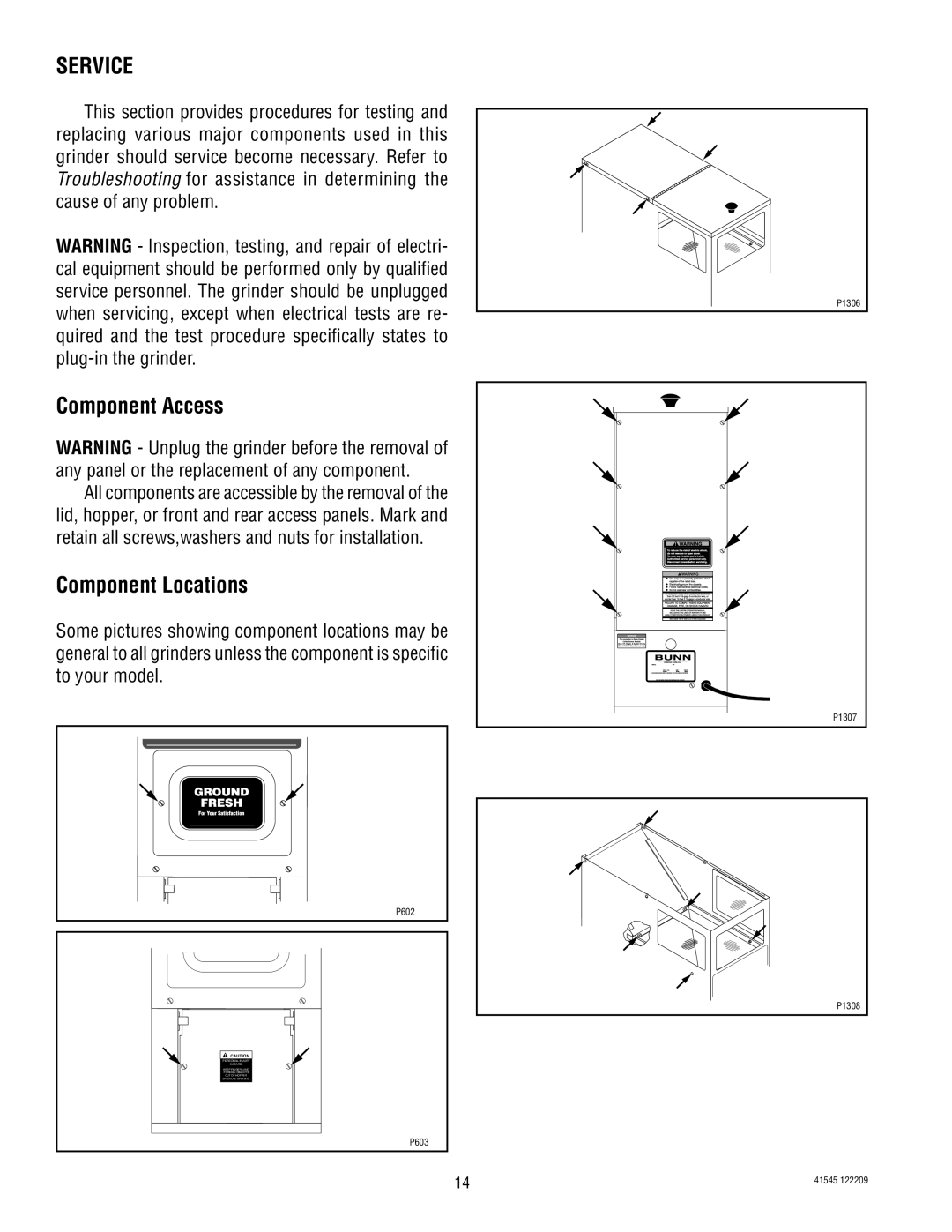 Bunn LPG-2, G9WD, G2 TRIFECTA, G9-2T DBC, FPG-2 service manual Component Access, Component Locations 